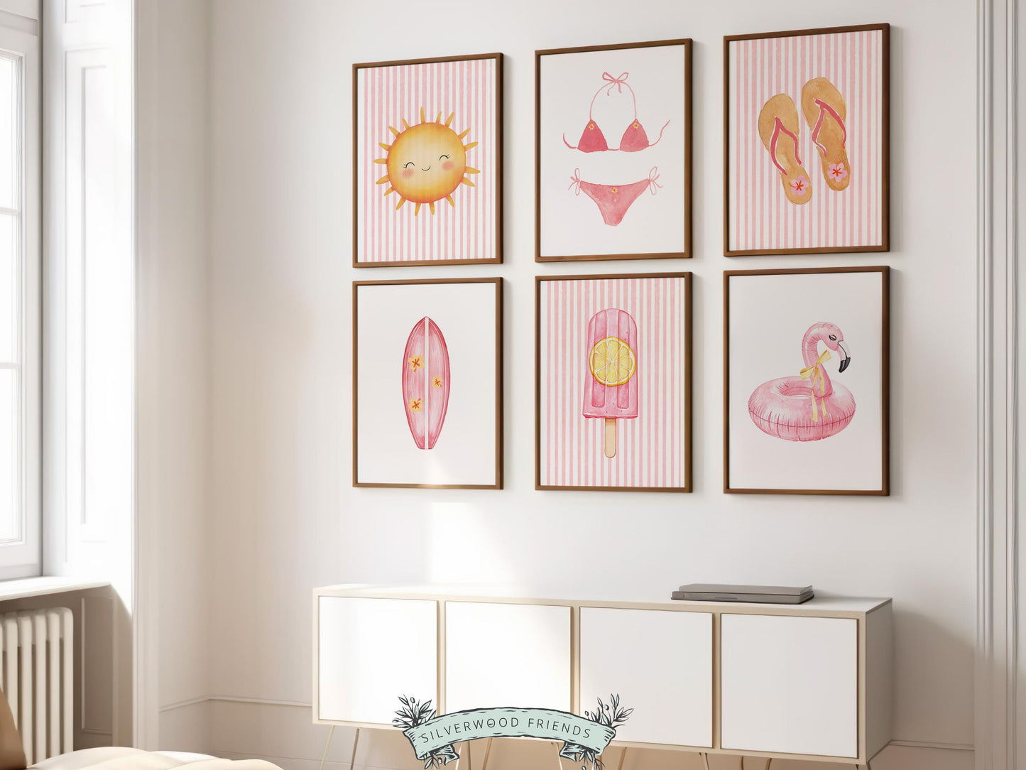 Pink Beach Nursery Prints, Girls Beach House Room Decor, Flamingo Surfboard Bikini - Summer Wall Art Set of 6 Digital Print