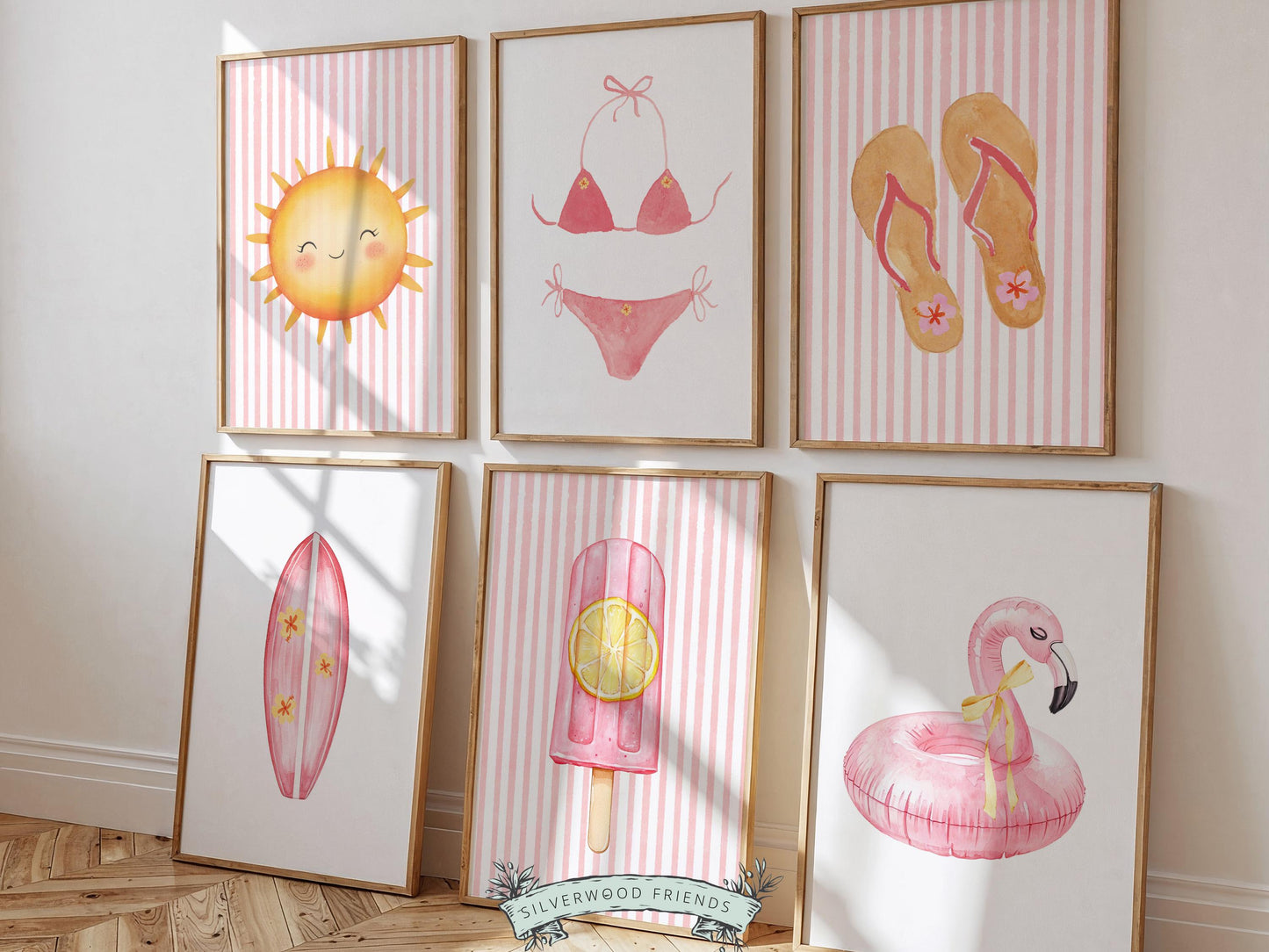 Pink Beach Nursery Prints, Girls Beach House Room Decor, Flamingo Surfboard Bikini - Summer Wall Art Set of 6 Digital Print