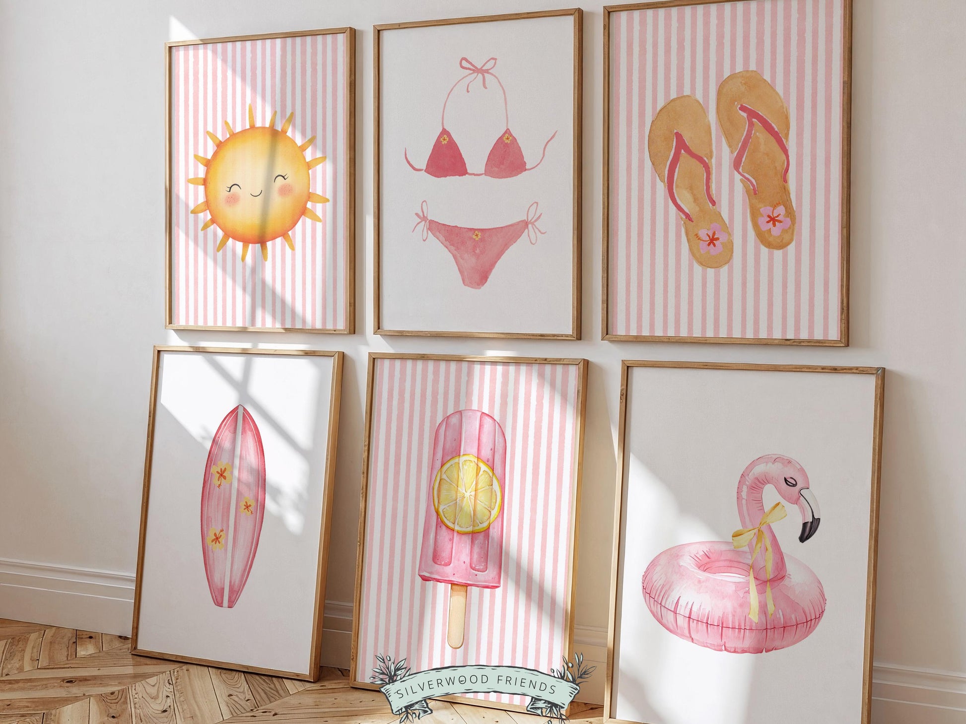 Pink Beach Nursery Prints, Girls Beach House Room Decor, Flamingo Surfboard Bikini - Summer Wall Art Set of 6 Digital Print