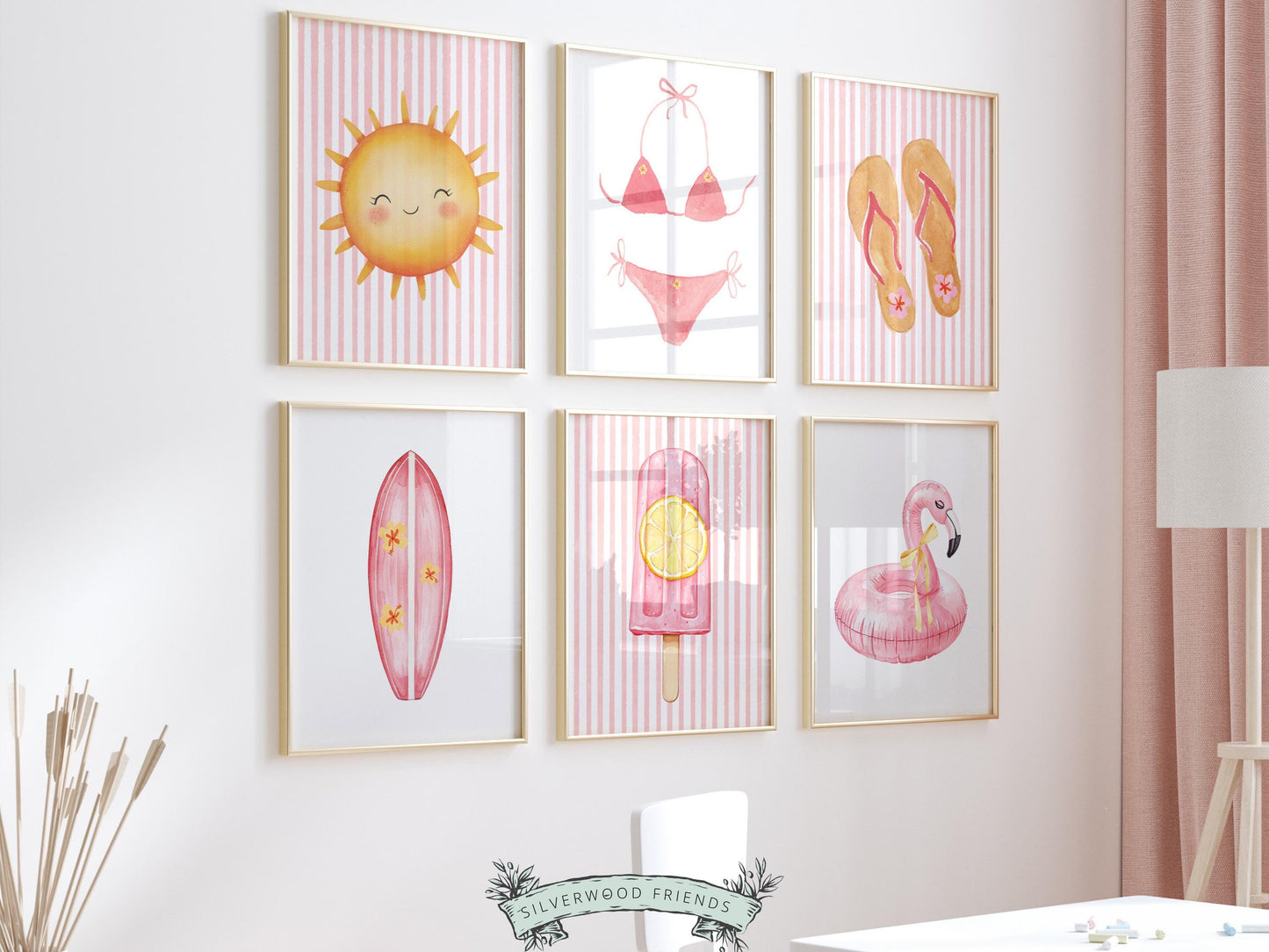 Pink Beach Nursery Prints, Girls Beach House Room Decor, Flamingo Surfboard Bikini - Summer Wall Art Set of 6 Digital Print