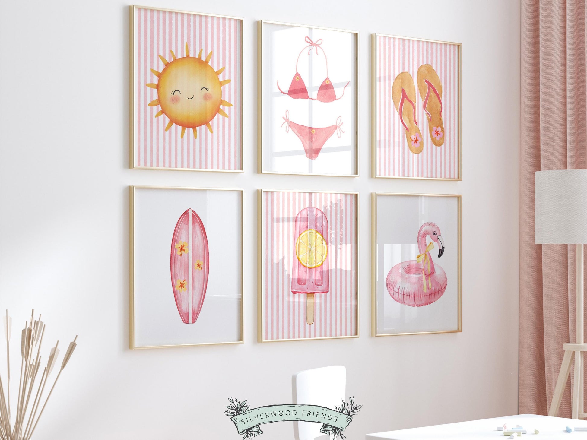 Pink Beach Nursery Prints, Girls Beach House Room Decor, Flamingo Surfboard Bikini - Summer Wall Art Set of 6 Digital Print
