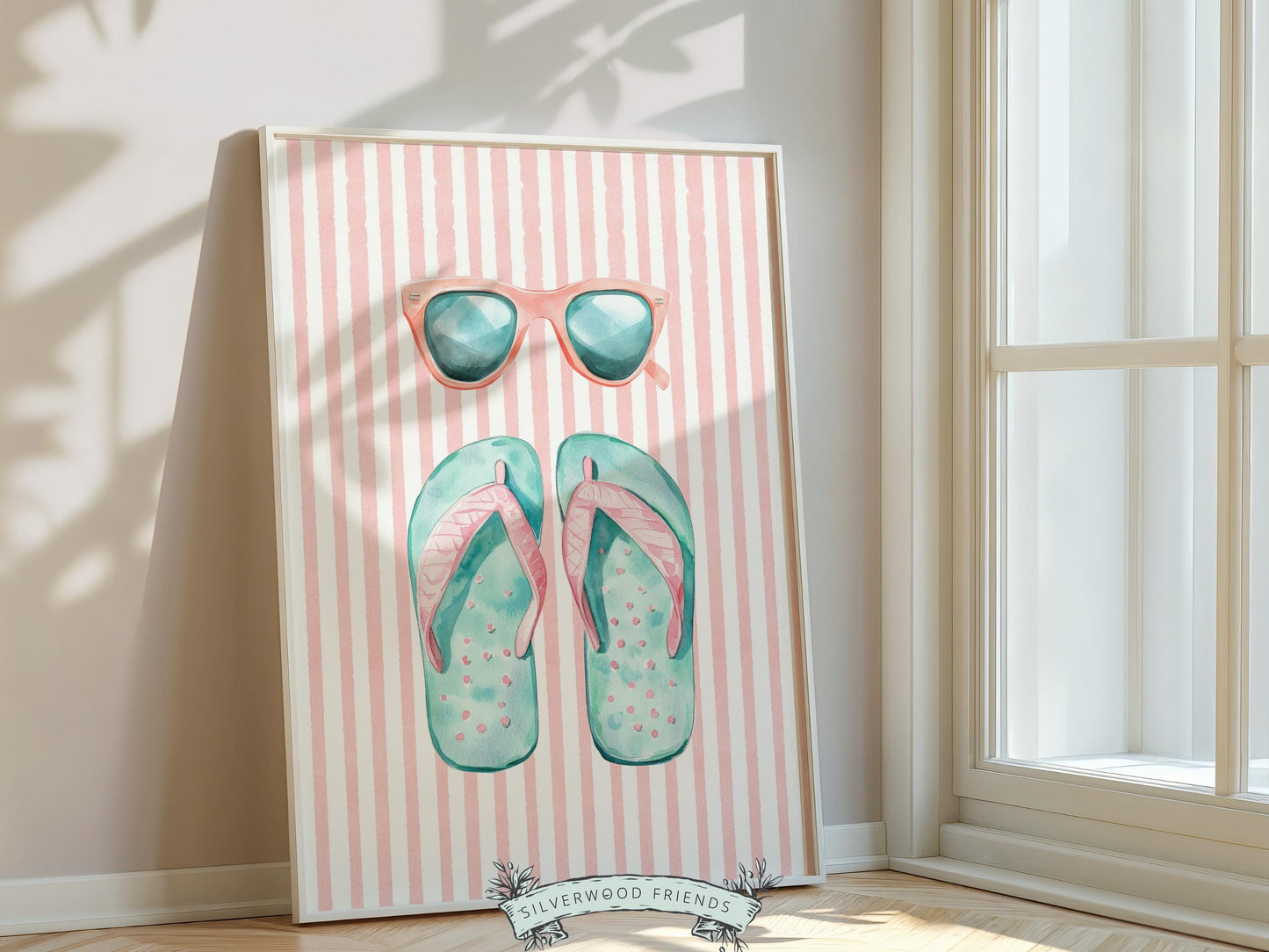 Beach Nursery Prints, Girls Beach Pastel Pink and Green House Room Decor, Flamingo Surfboard Bikini - Summer Wall Art Set of 6 Digital Print