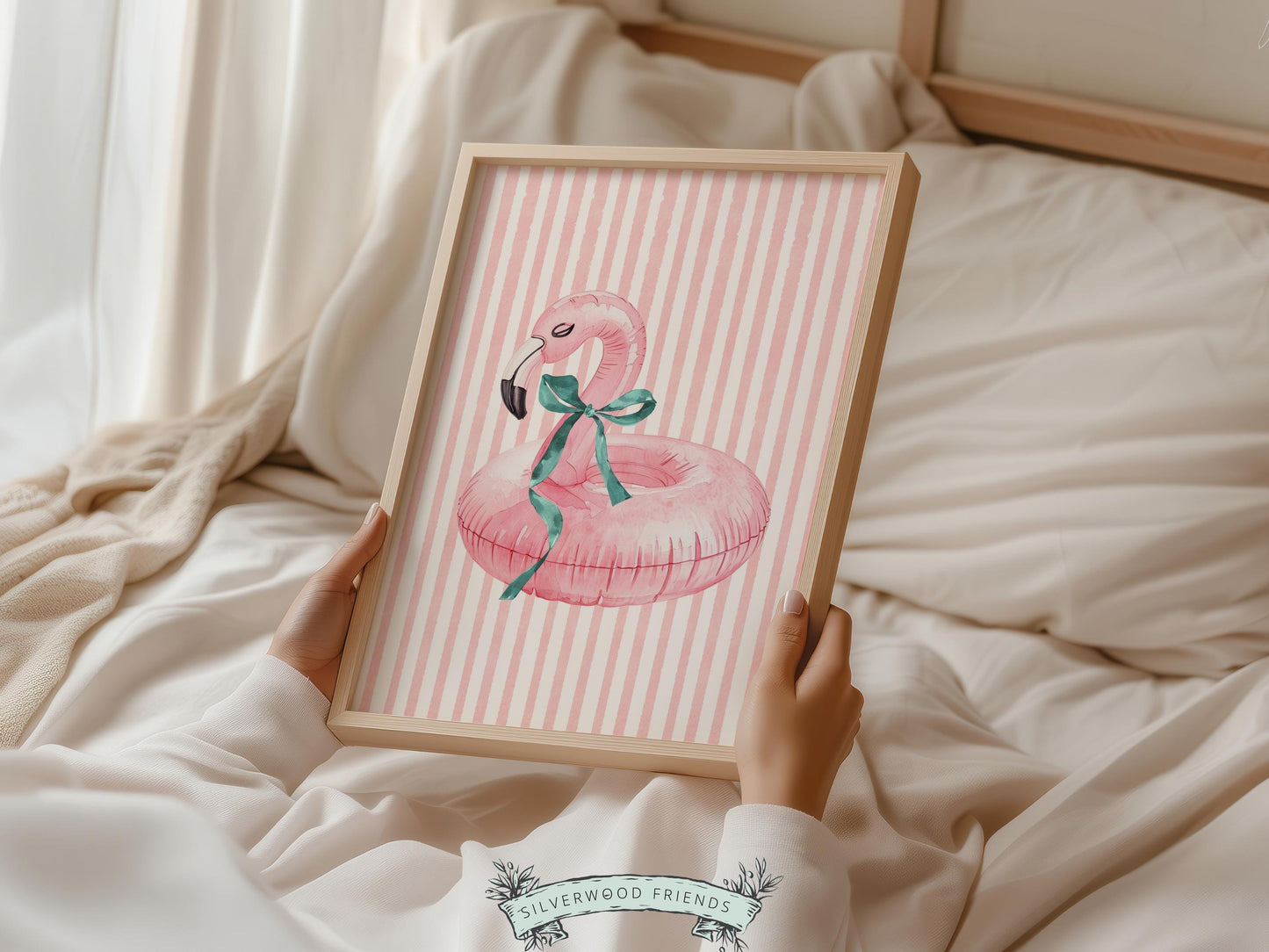 Beach Nursery Prints, Girls Beach Pastel Pink and Green House Room Decor, Flamingo Surfboard Bikini - Summer Wall Art Set of 6 Digital Print