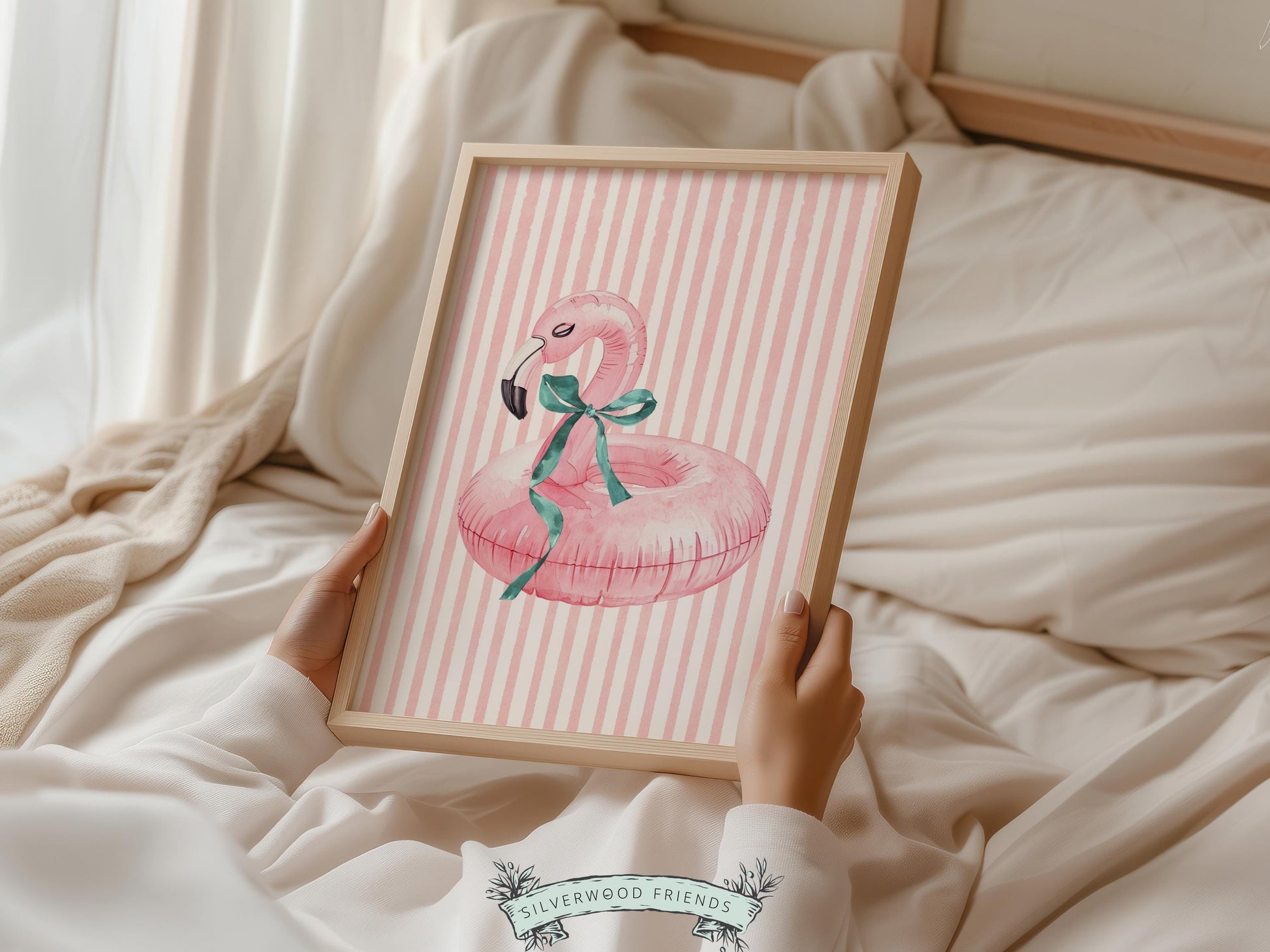 Beach Nursery Prints, Girls Beach Pastel Pink and Green House Room Decor, Flamingo Surfboard Bikini - Summer Wall Art Set of 6 Digital Print