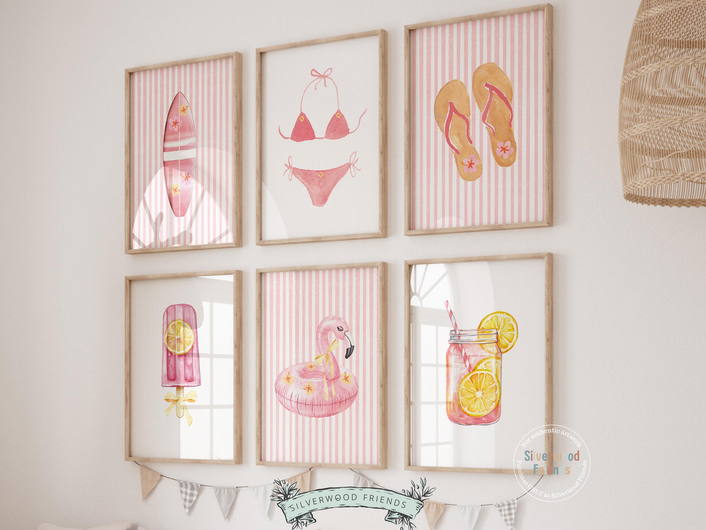 Enhance your decor with our versatile Set of 6 Coastal Prints featuring minimalist pink and yellow beachy designs, ideal for your beach house or girls' surfing room wall decor. Our charming prints also make a thoughtful and unique beachy baby shower gift, adding a serene coastal touch to any space.