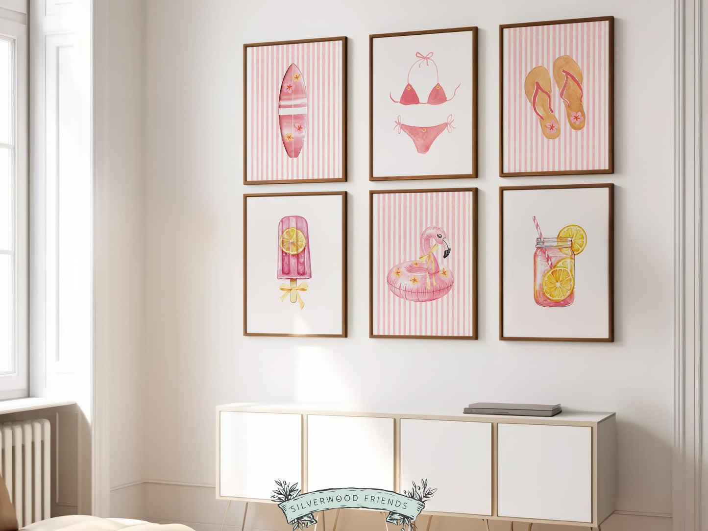Pink Beach Nursery Prints, Girls Beach House Room Decor, Flamingo Surfboard Bikini Ice Cream - Summer Wall Art Set of 6 Digital Print