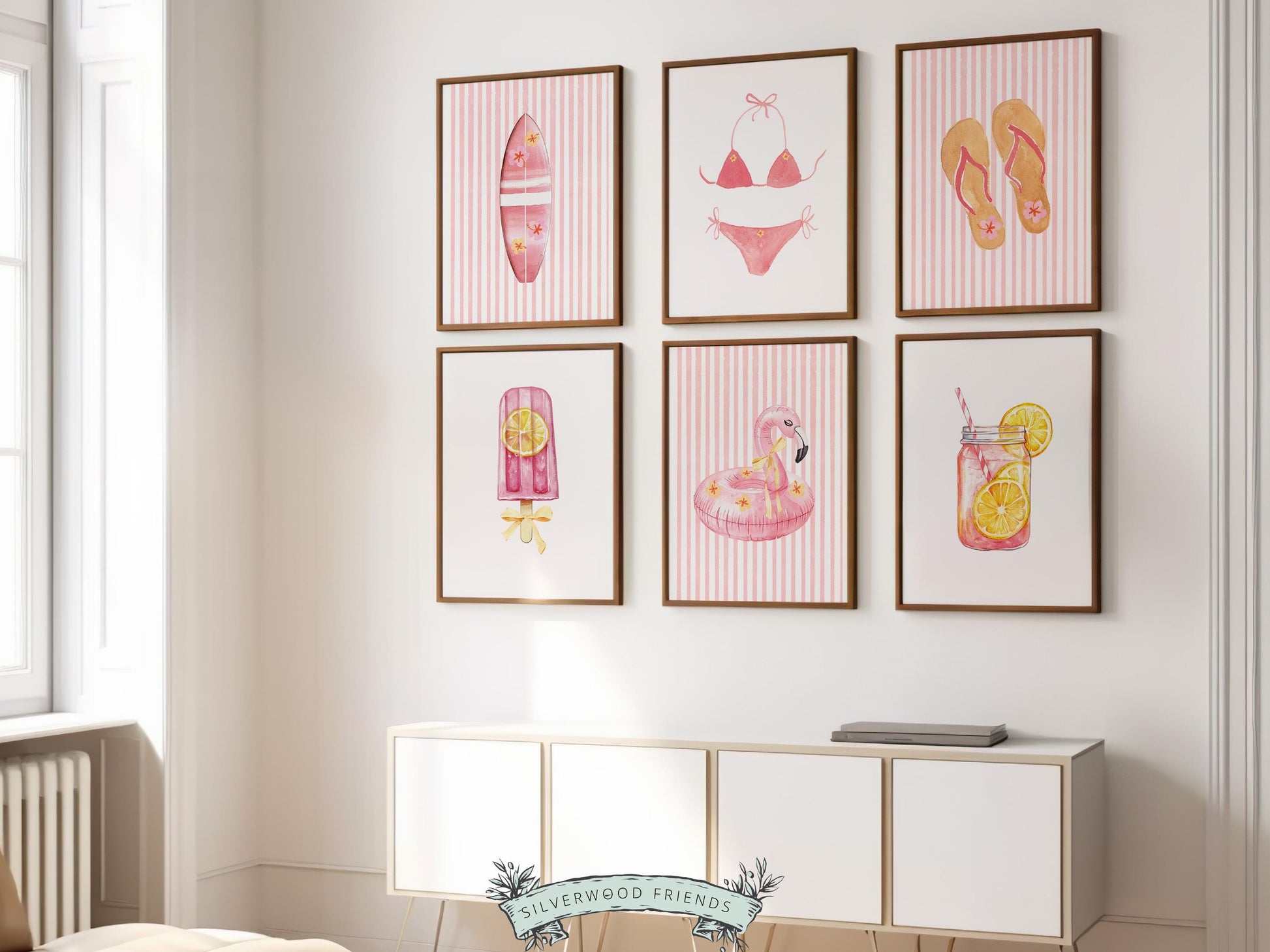 Pink Beach Nursery Prints, Girls Beach House Room Decor, Flamingo Surfboard Bikini Ice Cream - Summer Wall Art Set of 6 Digital Print