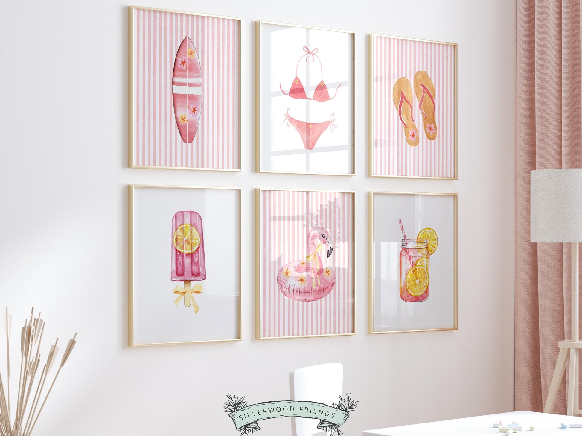Pink Beach Nursery Prints, Girls Beach House Room Decor, Flamingo Surfboard Bikini Ice Cream - Summer Wall Art Set of 6 Digital Print