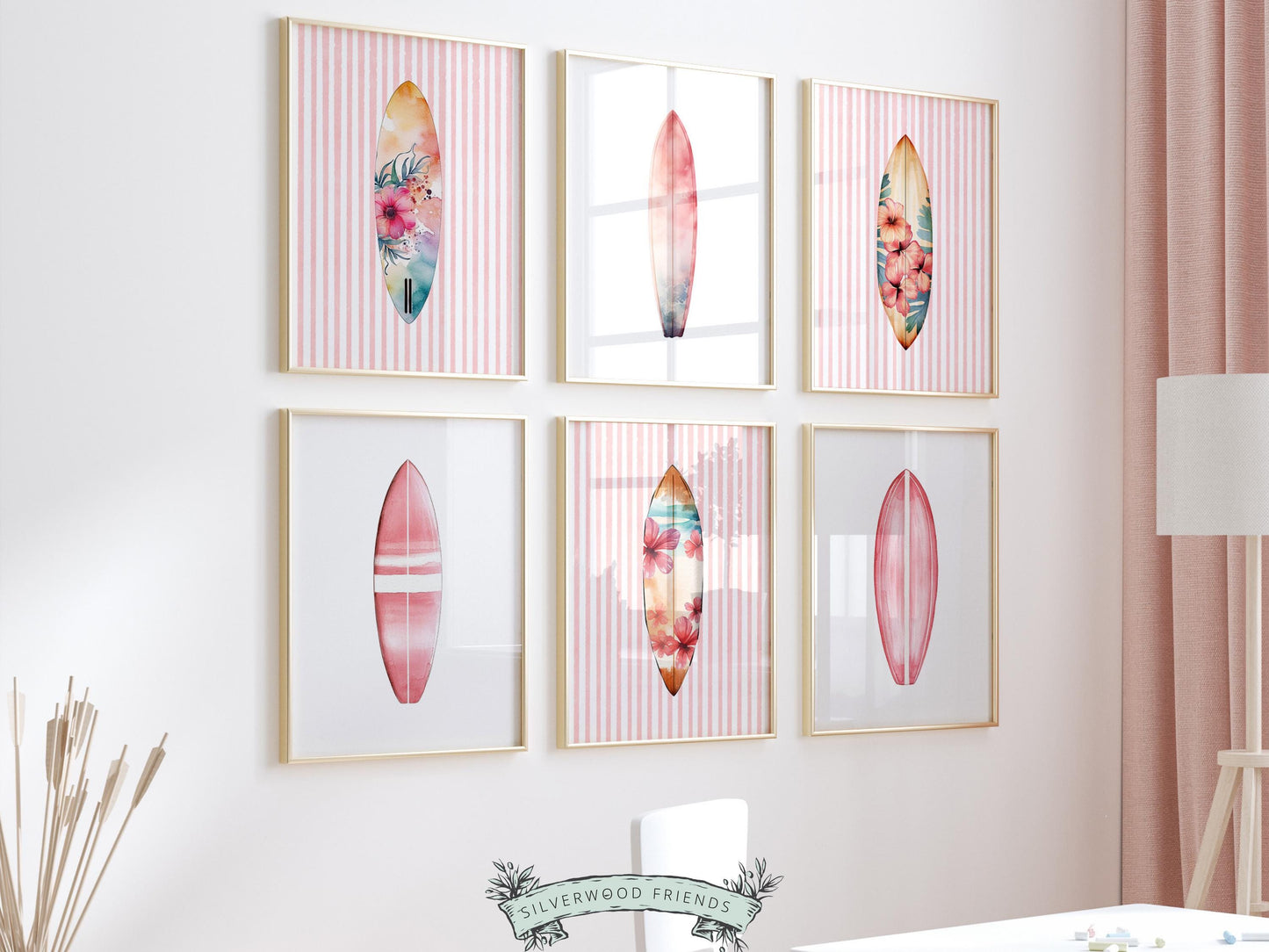 Pink Surfboard Print Set of 6, Coastal Surfboard Wall Art, Digital Download Prints