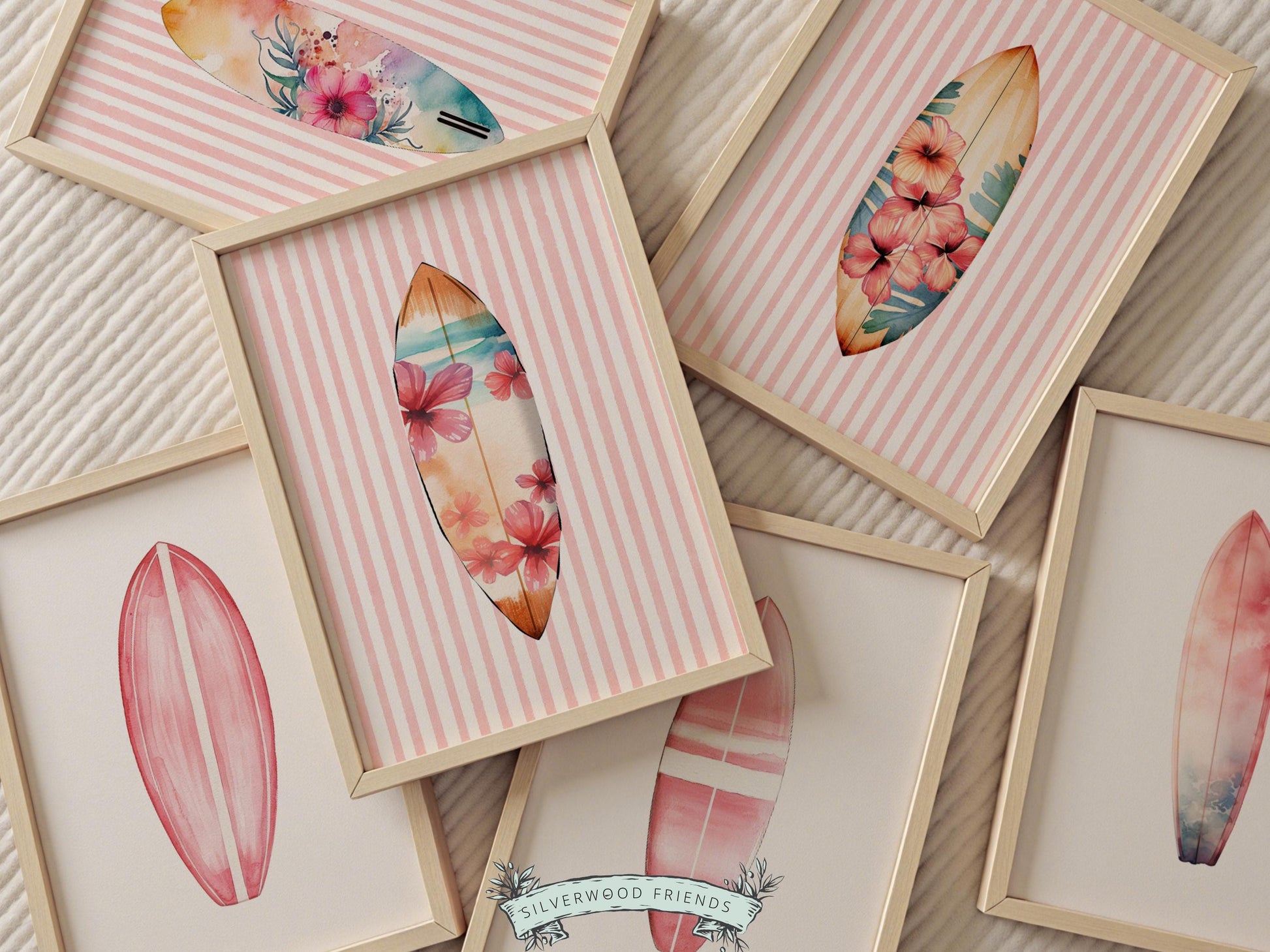 Pink Surfboard Print Set of 6, Coastal Surfboard Wall Art, Digital Download Prints