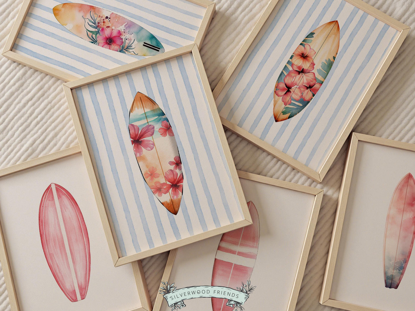 Enhance your decor with our versatile Set of 6 Pink Surfboard Prints featuring minimalist pink surfboards on a white and blue and white striped background, ideal for your beach house or girls surfing room wall decor. Our charming prints also make a thoughtful and unique beachy baby shower gift, adding a serene coastal touch to any space.