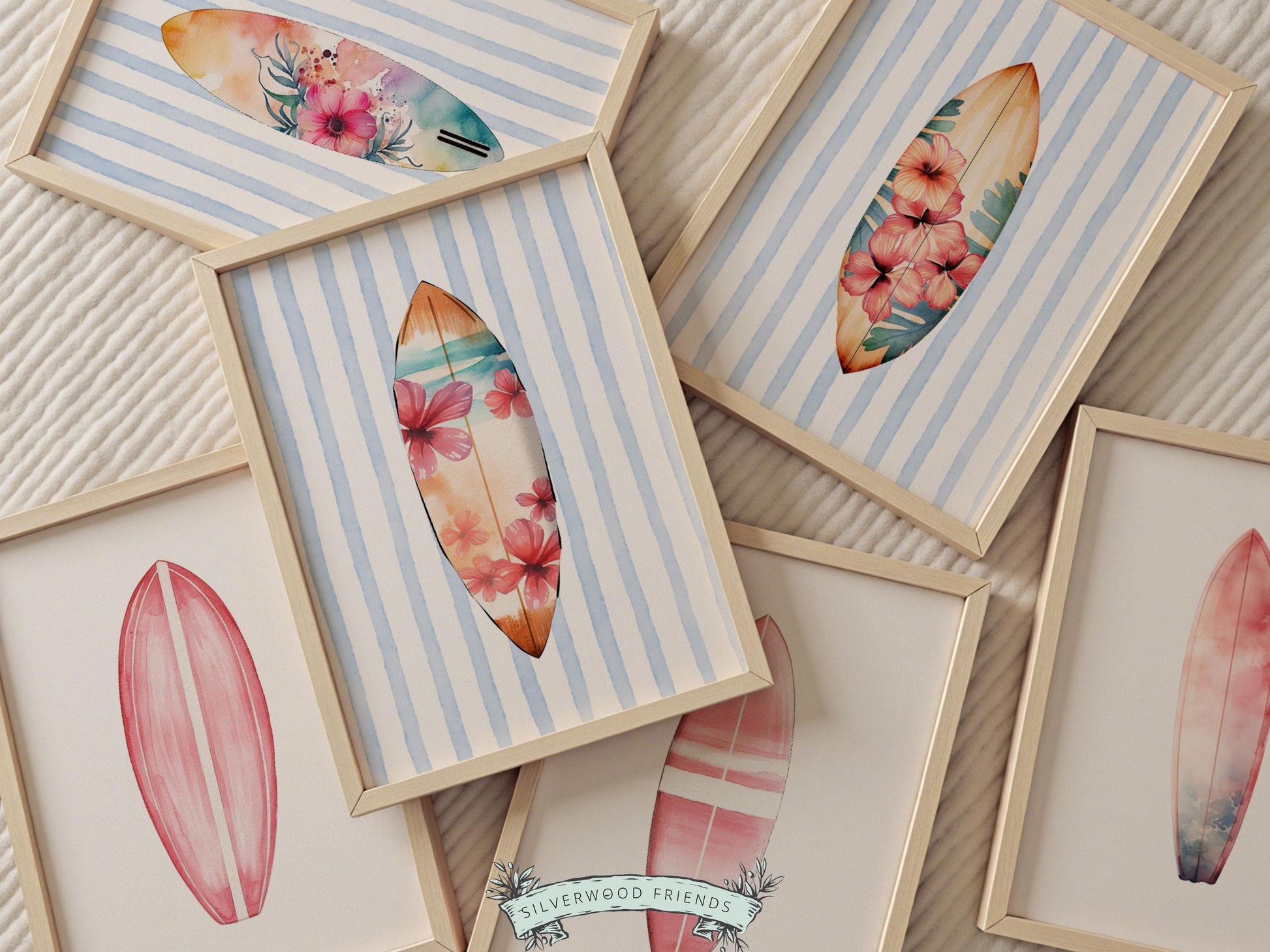 Enhance your decor with our versatile Set of 6 Pink Surfboard Prints featuring minimalist pink surfboards on a white and blue and white striped background, ideal for your beach house or girls surfing room wall decor. Our charming prints also make a thoughtful and unique beachy baby shower gift, adding a serene coastal touch to any space.