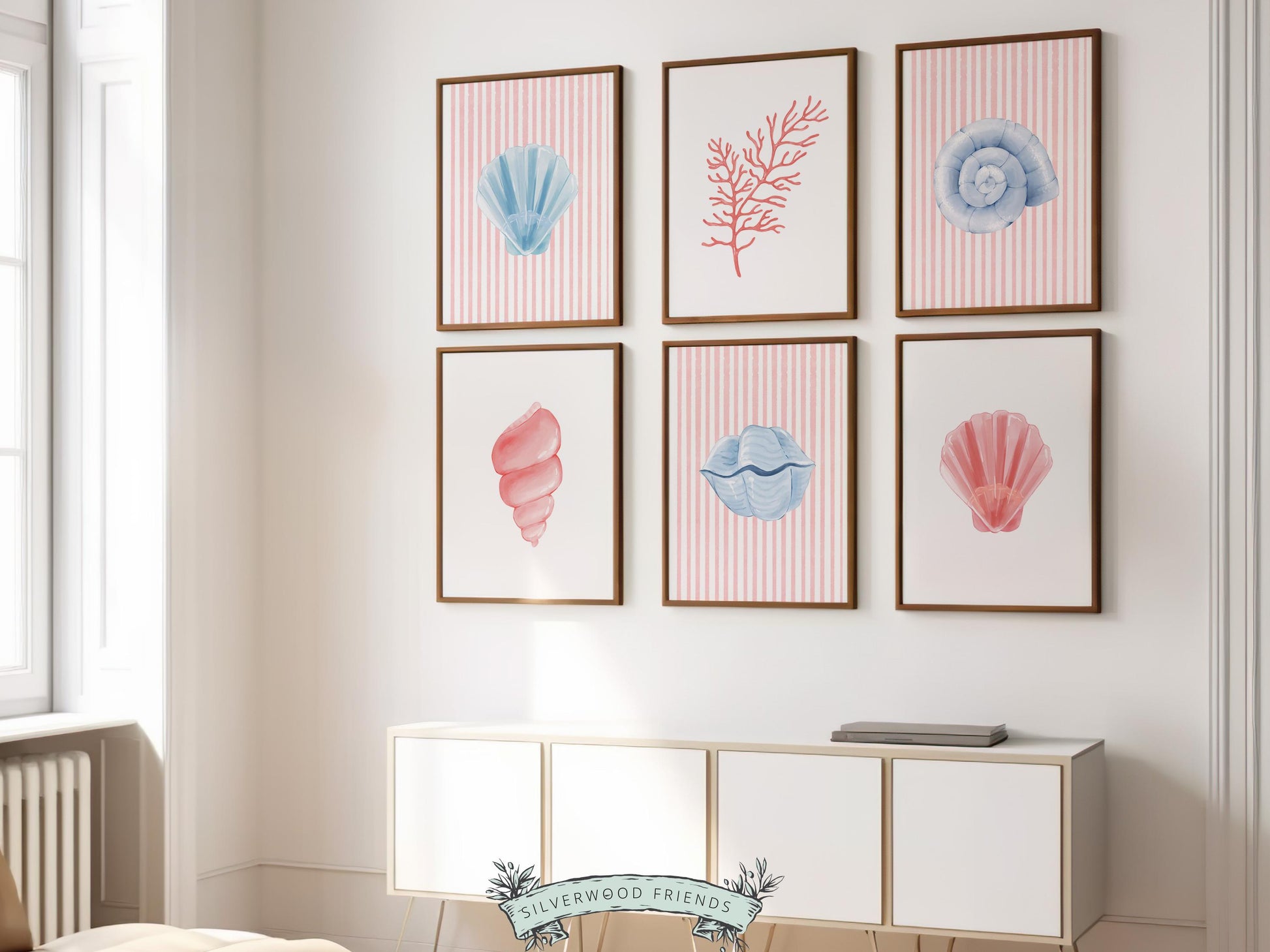 Pastel Seashell Prints Set of 6, Beach House Shell Wall Decor, Digital Download Prints