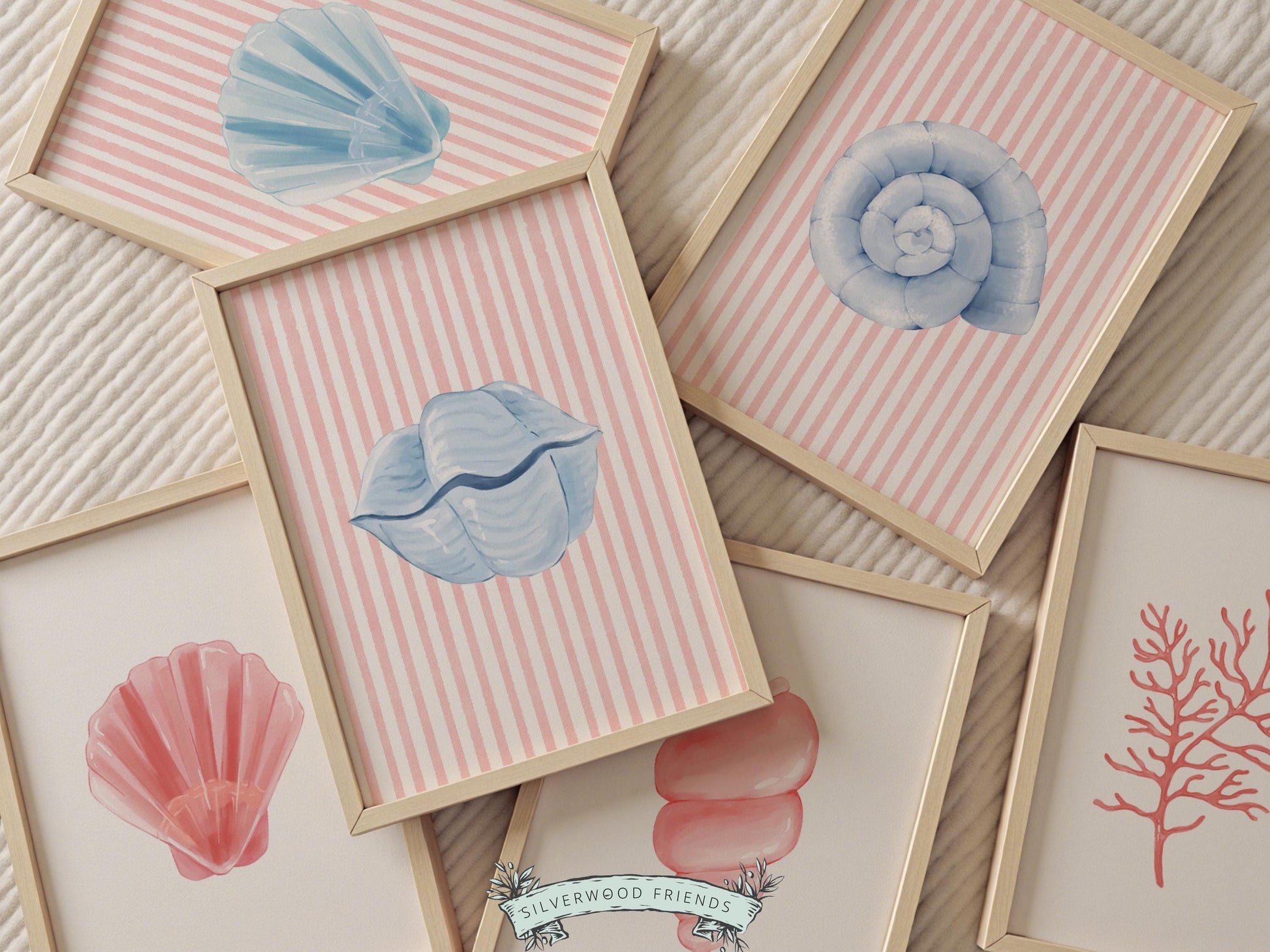 Pastel Seashell Prints Set of 6, Beach House Shell Wall Decor, Digital Download Prints