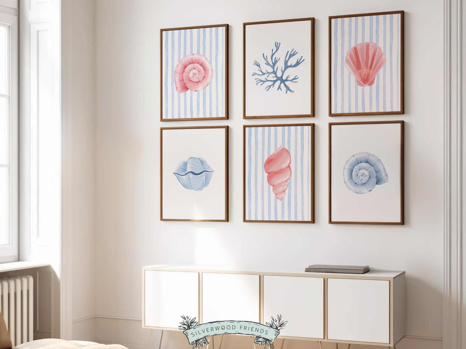 Seashell Prints Set of 6, Pastel Beach House Shell Wall Decor, Digital Download Prints