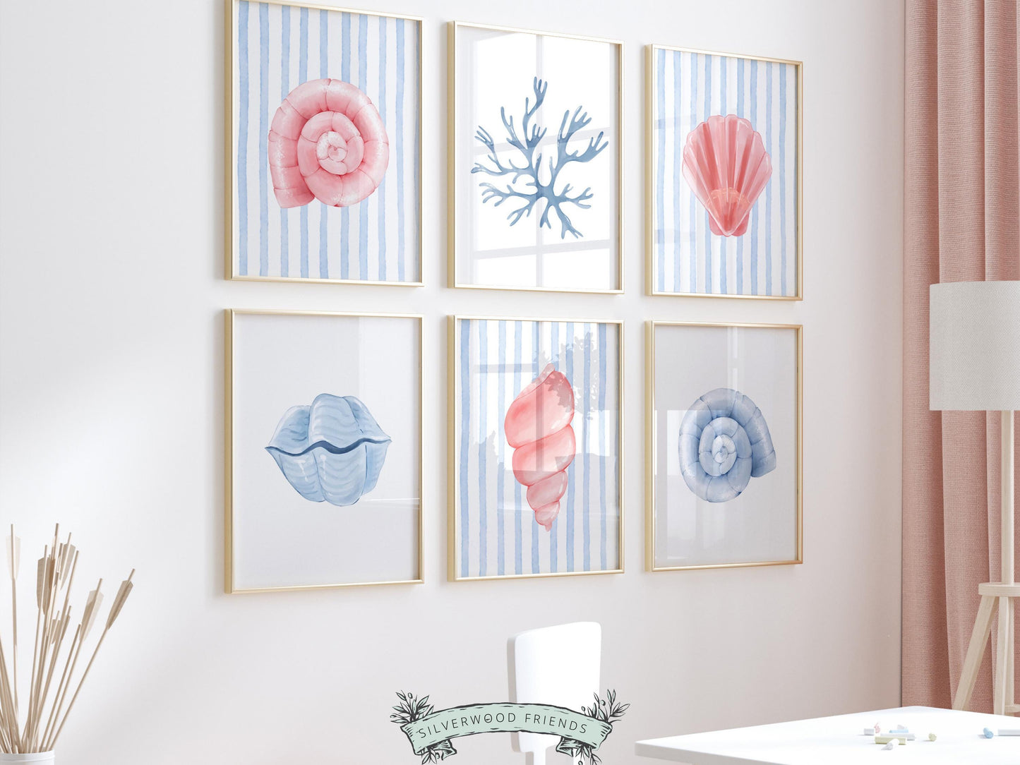 Seashell Prints Set of 6, Pastel Beach House Shell Wall Decor, Digital Download Prints