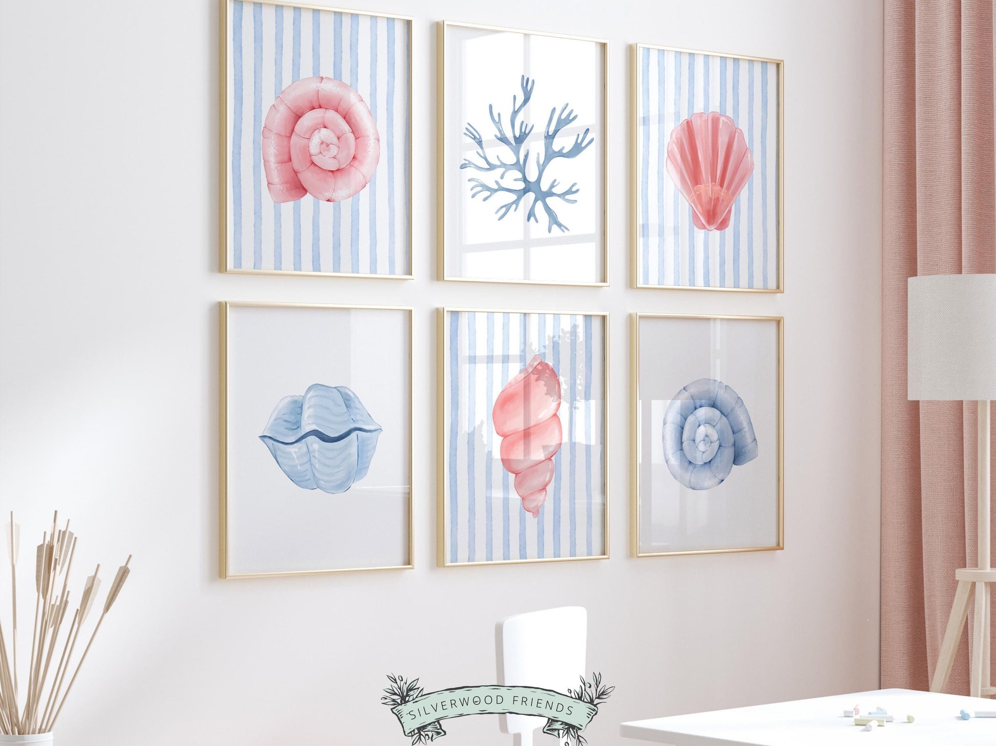 Seashell Prints Set of 6, Pastel Beach House Shell Wall Decor, Digital Download Prints