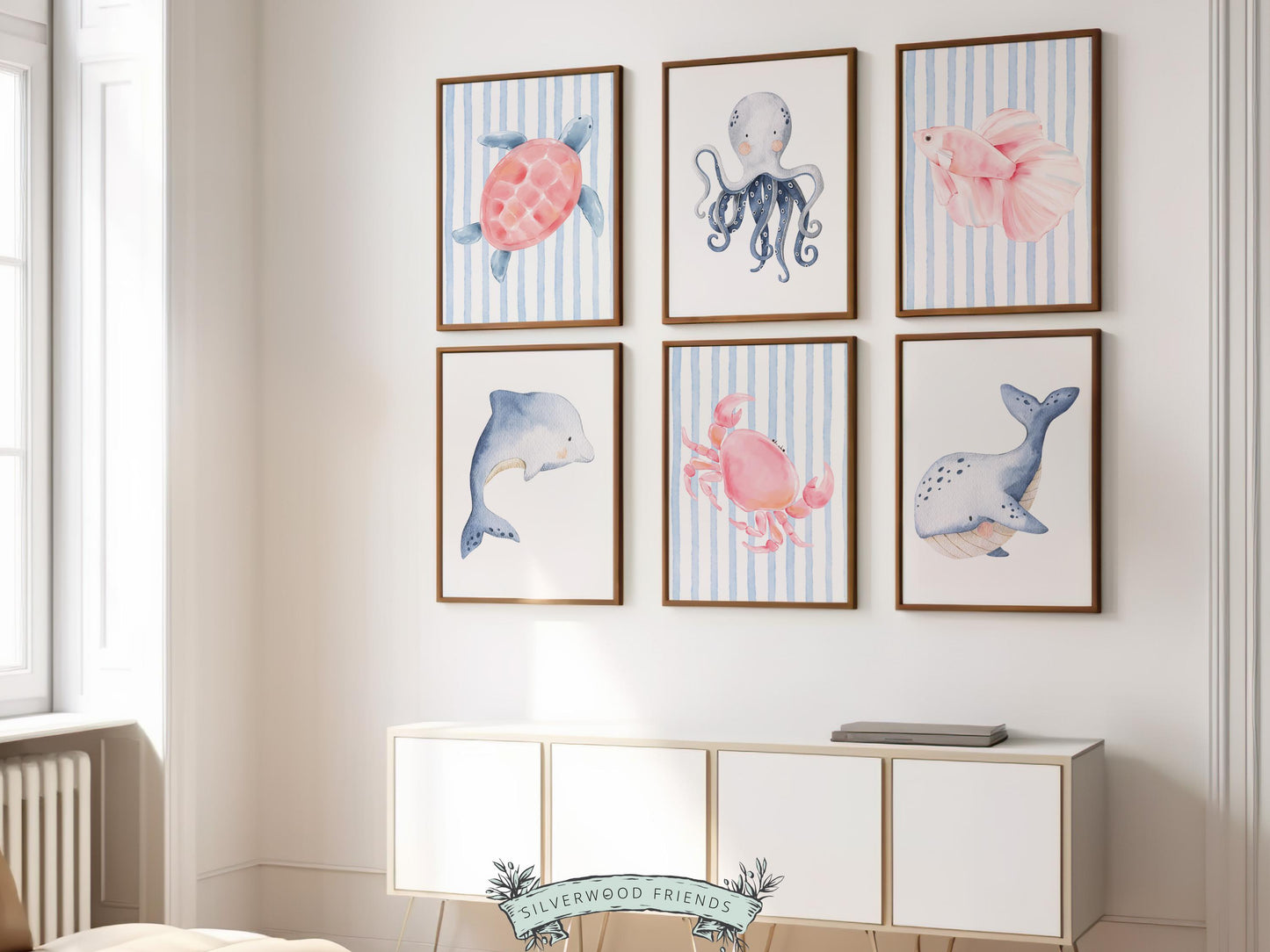 Sea Animal Nursery Print Set of 6, Under The Sea Decor, Whale Turtle Dolphin Digital Download Prints