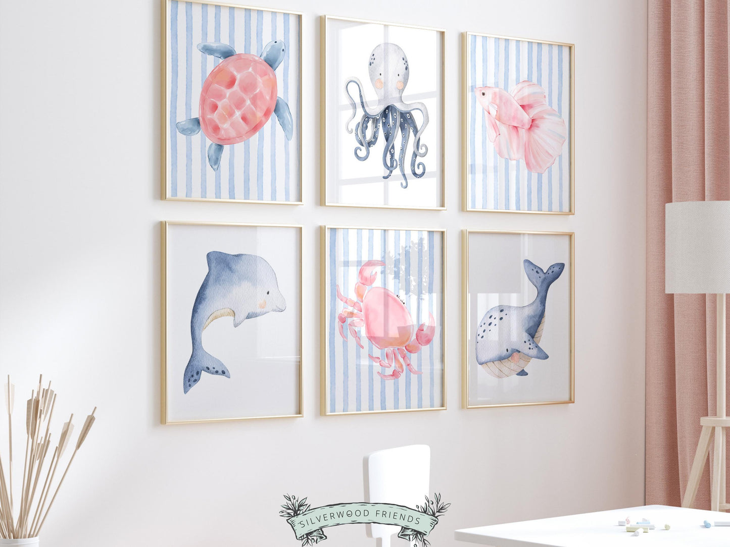 Sea Animal Nursery Print Set of 6, Under The Sea Decor, Whale Turtle Dolphin Digital Download Prints