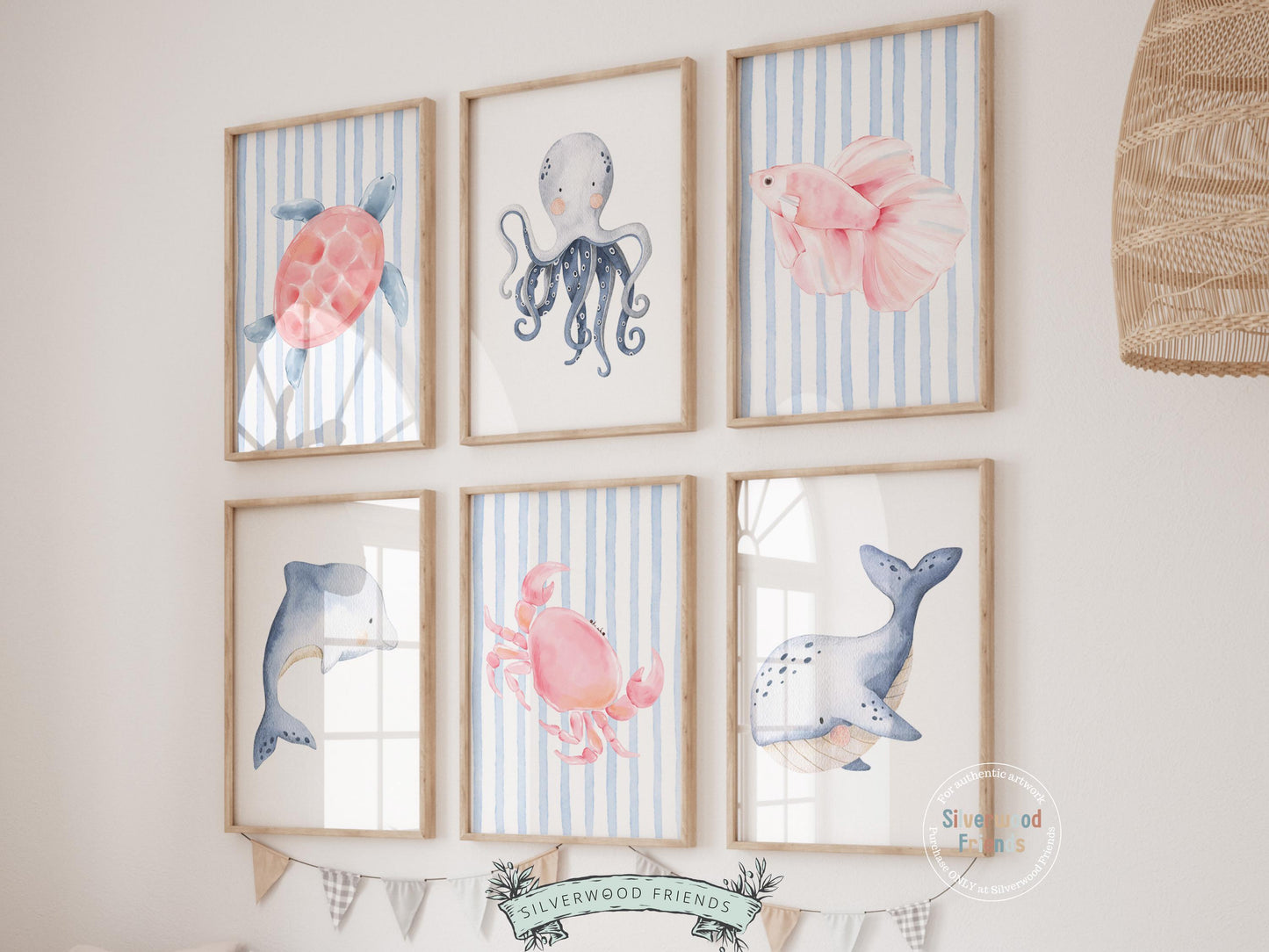Our Sea Animal Nursery Print Set of 6, where enchantment meets the sea, features beautifully illustrated sea animals in pastel pink and blue colours. These prints are perfect for any ocean theme nursery and make a unique baby shower gift.