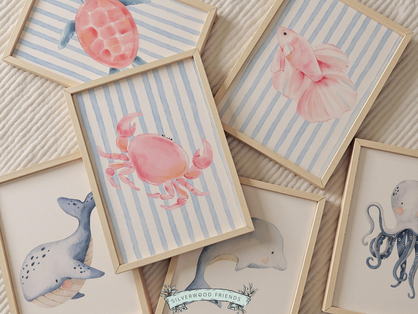 Sea Animal Nursery Print Set of 6, Under The Sea Decor, Whale Turtle Dolphin Digital Download Prints