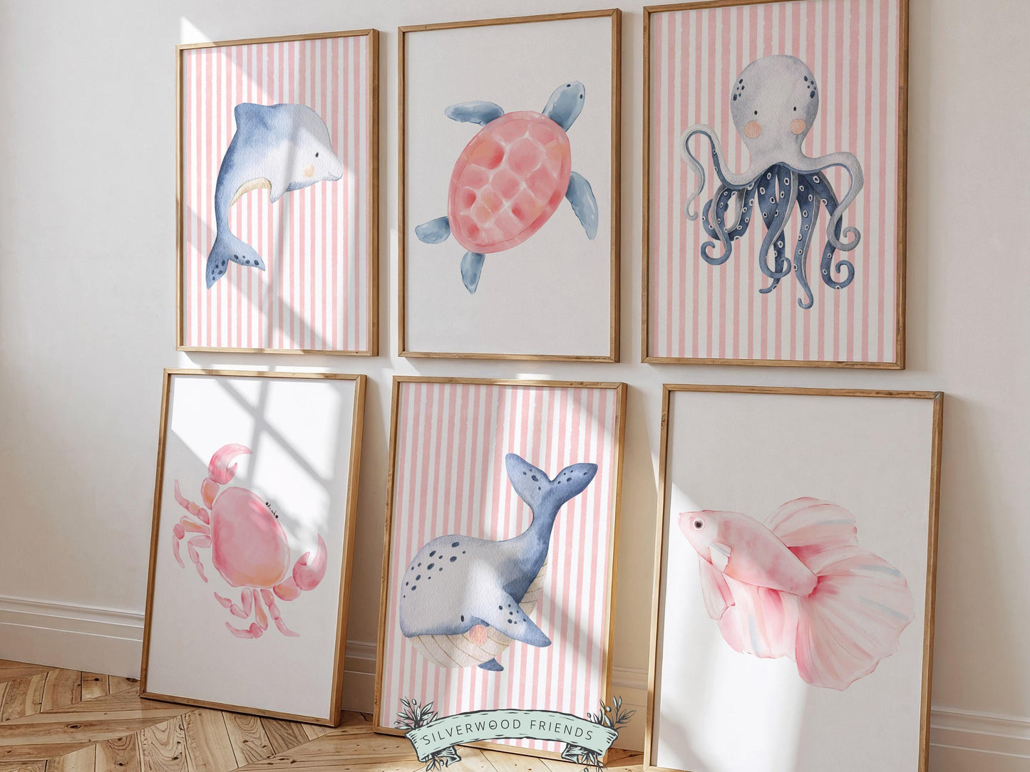 Sea Animal Nursery Print Set of 6, Baby Girl Under The Sea Nursery Decor, Whale Turtle Dolphin Digital Download Prints