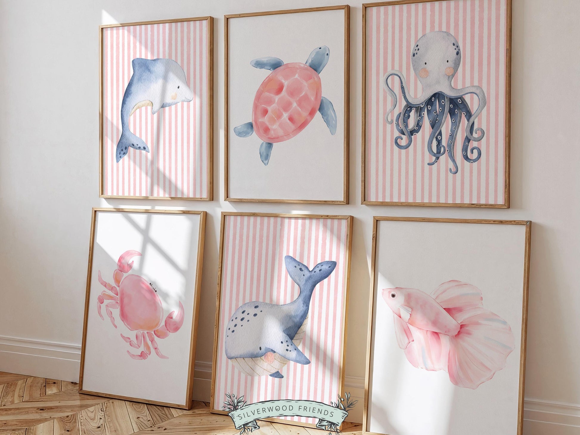 Sea Animal Nursery Print Set of 6, Baby Girl Under The Sea Nursery Decor, Whale Turtle Dolphin Digital Download Prints