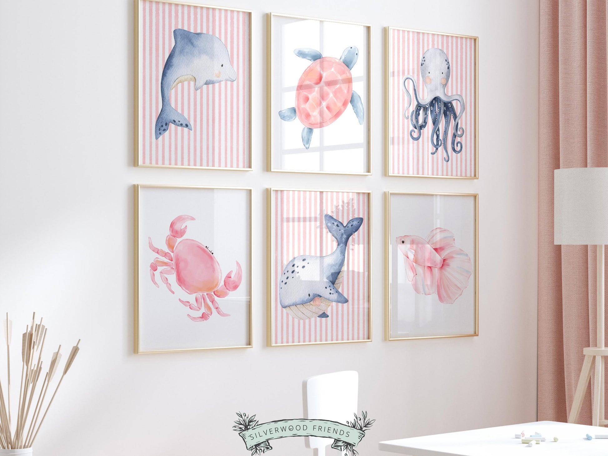 Sea Animal Nursery Print Set of 6, Baby Girl Under The Sea Nursery Decor, Whale Turtle Dolphin Digital Download Prints