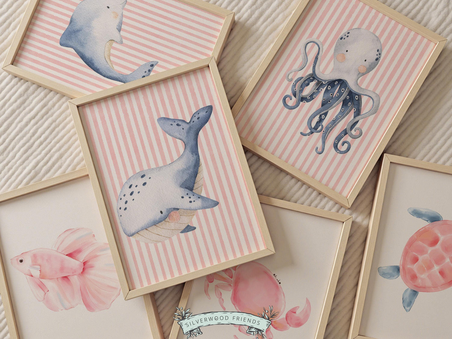 Sea Animal Nursery Print Set of 6, Baby Girl Under The Sea Nursery Decor, Whale Turtle Dolphin Digital Download Prints