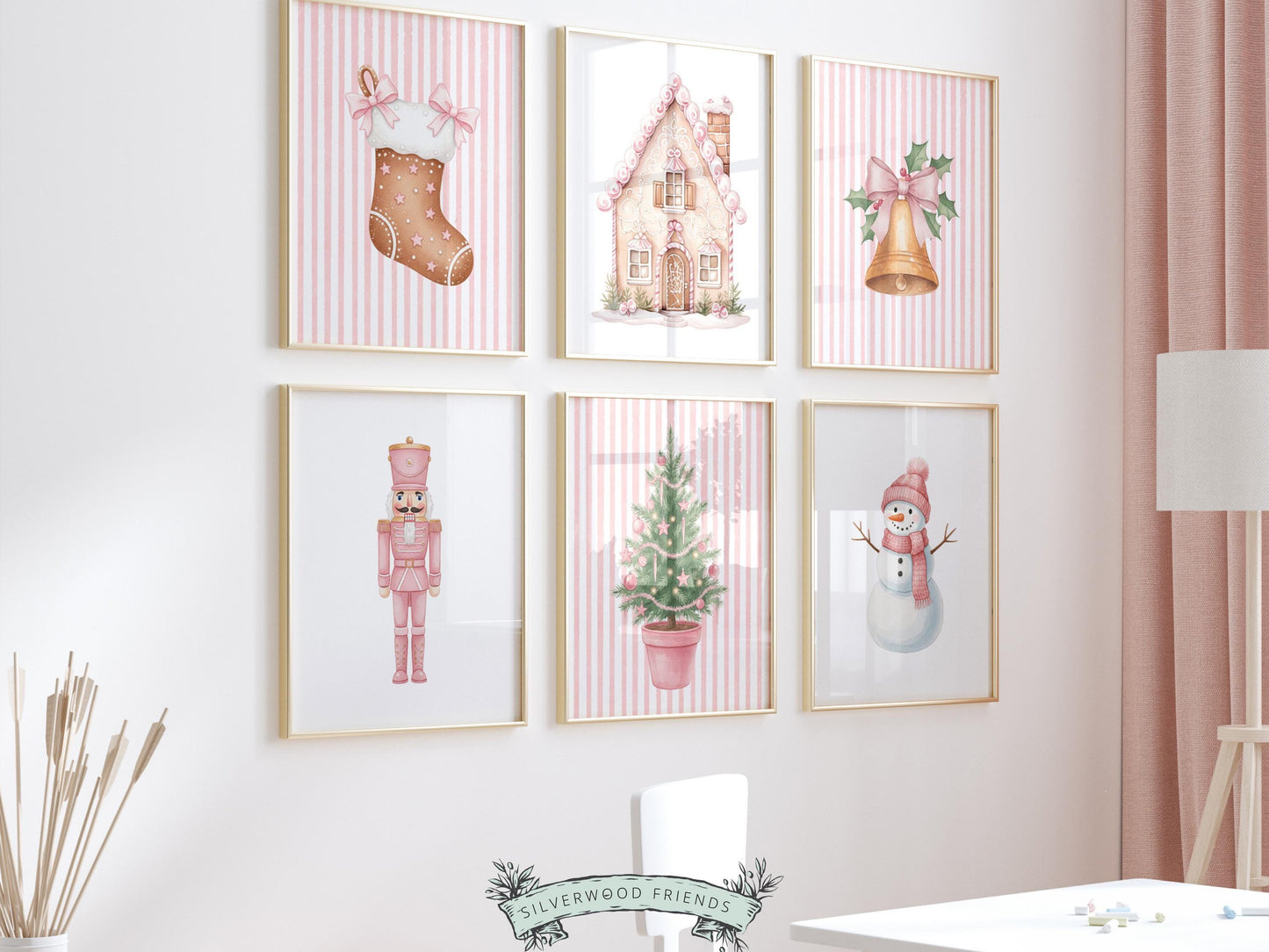 Set of 6 Pink Christmas Prints, Baby Girl Christmas Nursery Prints, Gingerbread Nutcracker Snowman Digital Download Print