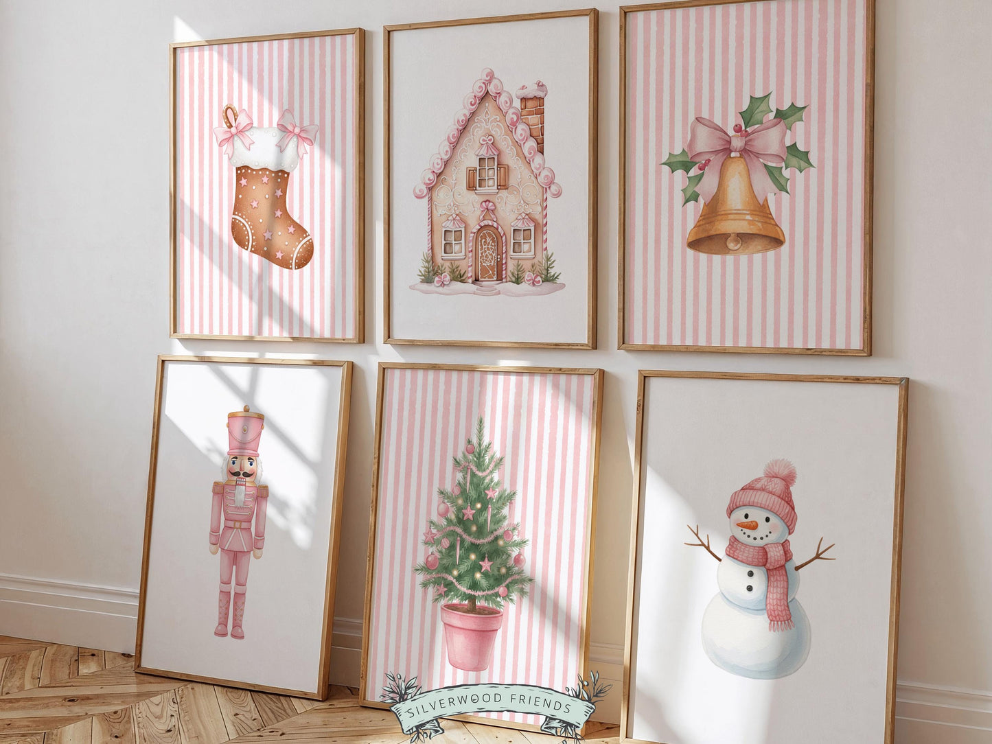 Set of 6 Pink Christmas Prints, Baby Girl Christmas Nursery Prints, Gingerbread Nutcracker Snowman Digital Download Print