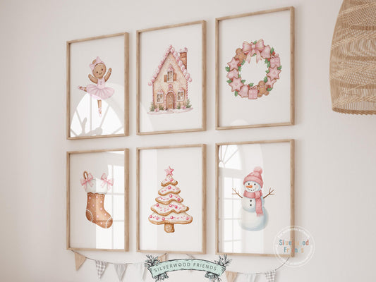 This nostalgic Set of 6 Pink Christmas Prints features classic watercolor Christmas elements. Designed for nurseries and cozy homes alike, this charming trio brings warm Christmas magic and timeless storybook charm to any space.