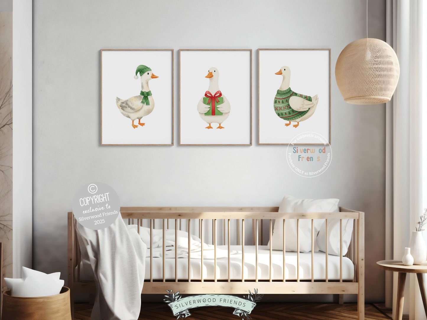 Set of 3 Sage Green Christmas Duck Nursery Prints, Silly Goose Nursery Decor, Digital Download Print