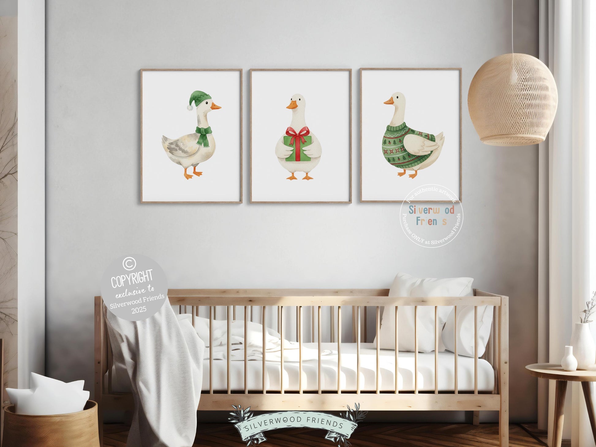 Set of 3 Sage Green Christmas Duck Nursery Prints, Silly Goose Nursery Decor, Digital Download Print