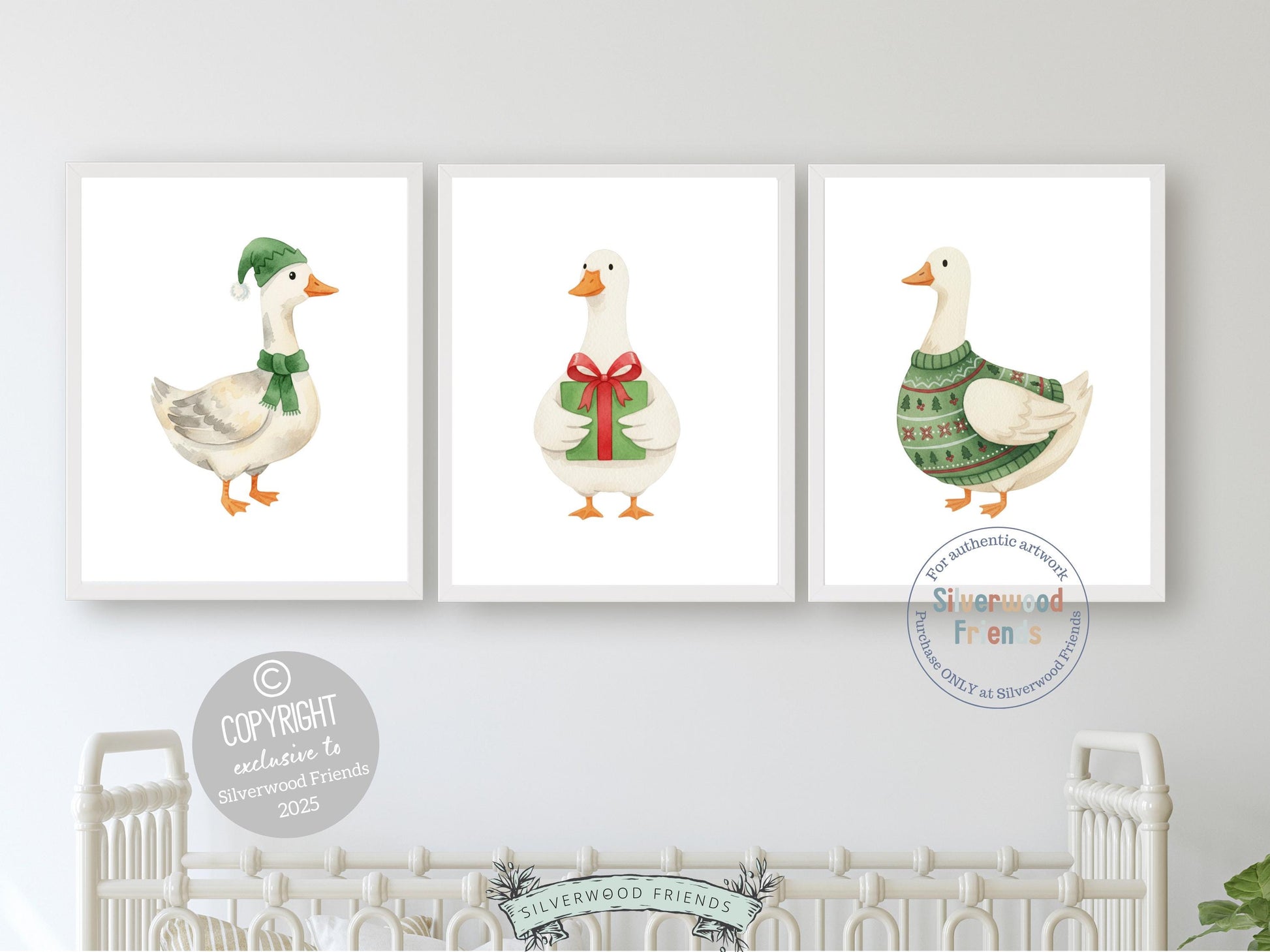 Set of 3 Sage Green Christmas Duck Nursery Prints, Silly Goose Nursery Decor, Digital Download Print