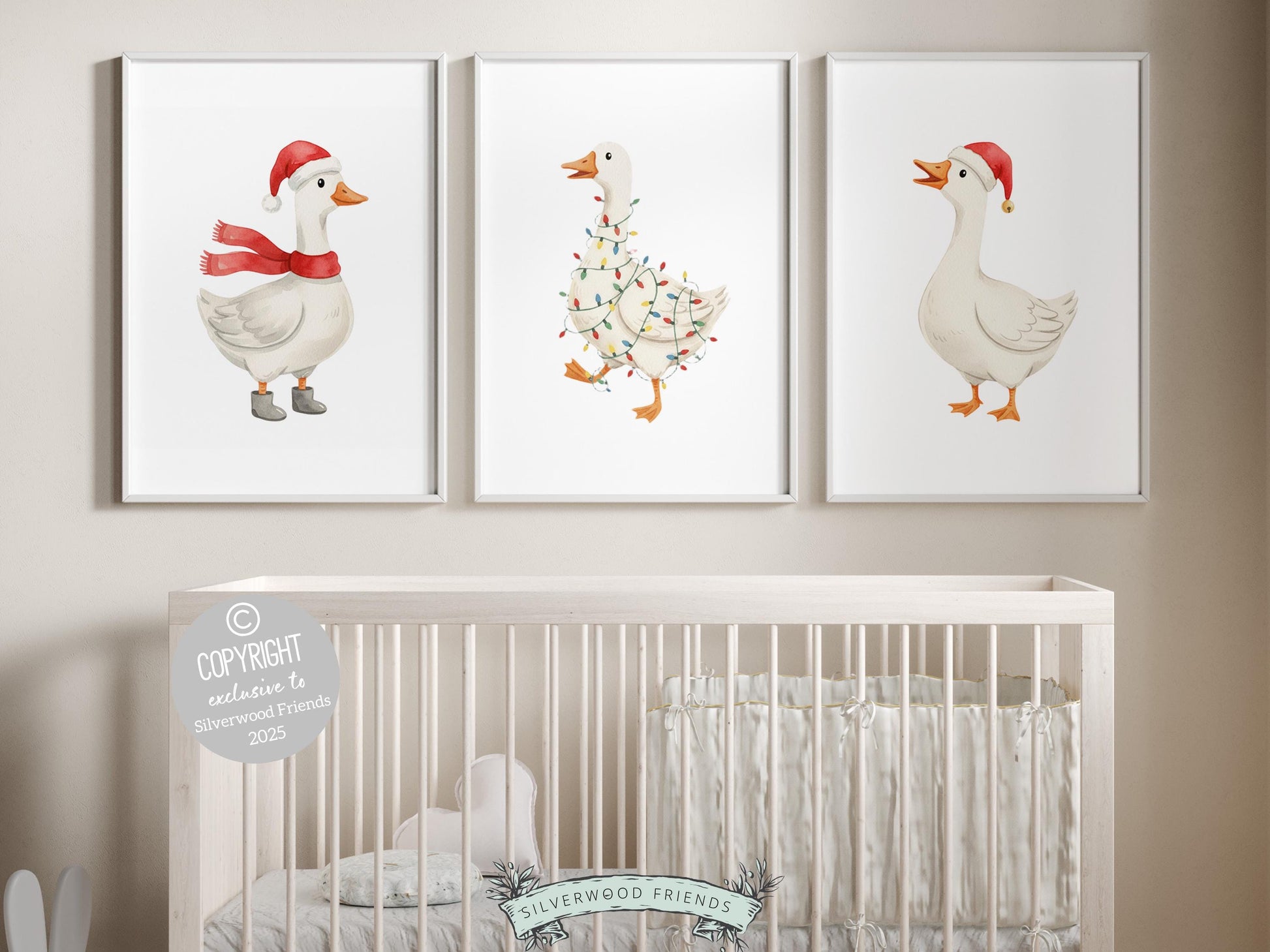 Set of 3 Christmas Duck Nursery Prints, Silly Goose Nursery Decor, Digital Download Print
