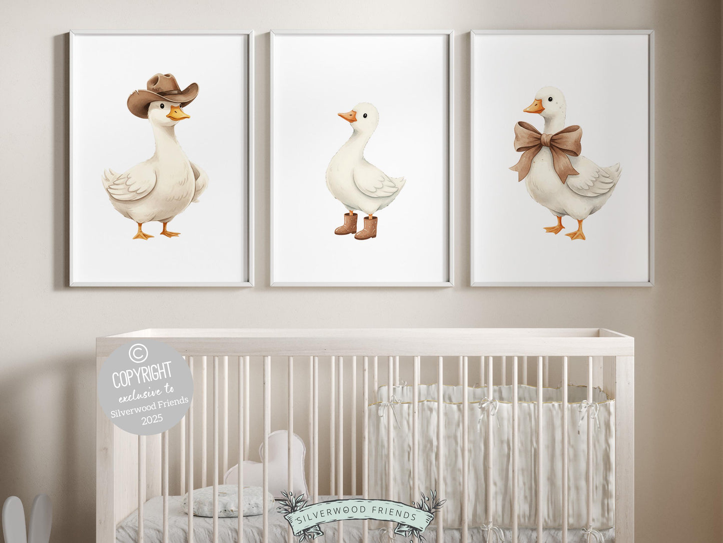 Set of 3 Duck Nursery Prints, Beige Duck Nursery Decor, Gender Neutral Western Nursery Wall Art, Digital Download