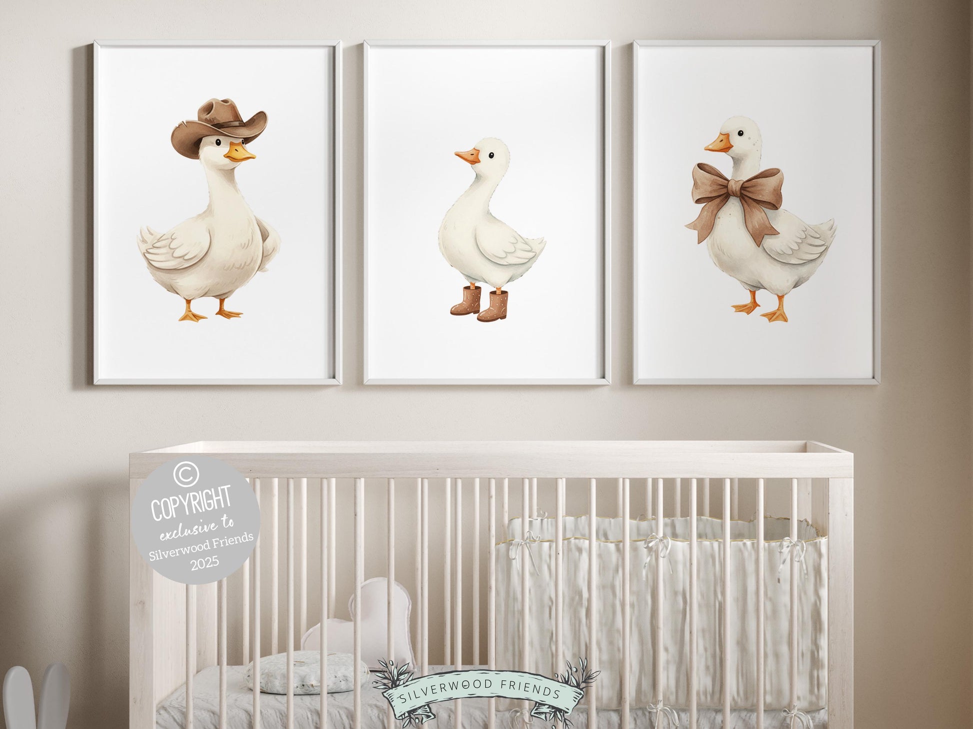 Set of 3 Duck Nursery Prints, Beige Duck Nursery Decor, Gender Neutral Western Nursery Wall Art, Digital Download