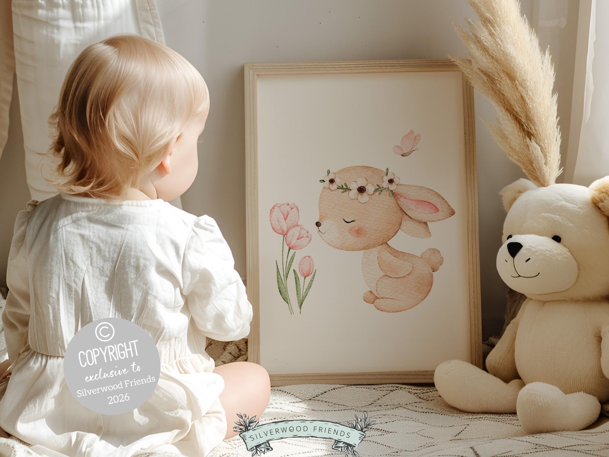 Baby Girls Bunny Nursery Prints, Baby Girl Woodland Bunny Butterfly Nursery Decor, Spring Nursery Wall Art,Easter Decor Poster Digital Print