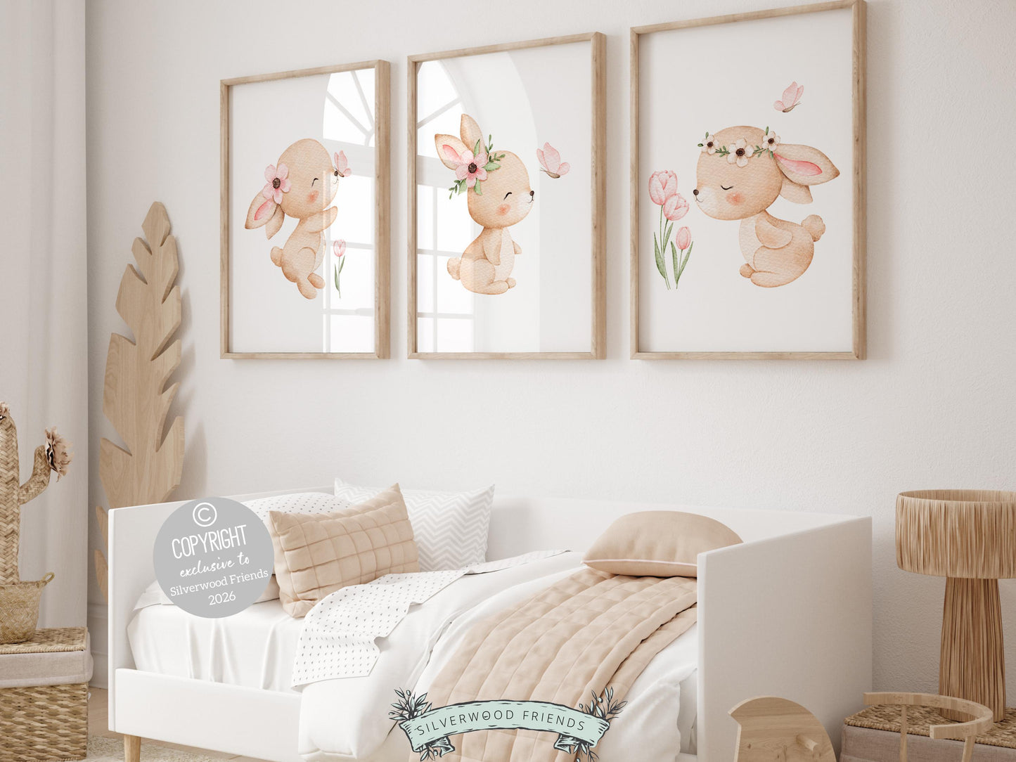 Our delightful minimalist Set of 3 Bunny Nursery Prints features adorable bunny rabbits with pink flowers and butterflies. Perfect for your baby girl's woodland nursery decor and also makes a unique baby shower gift.