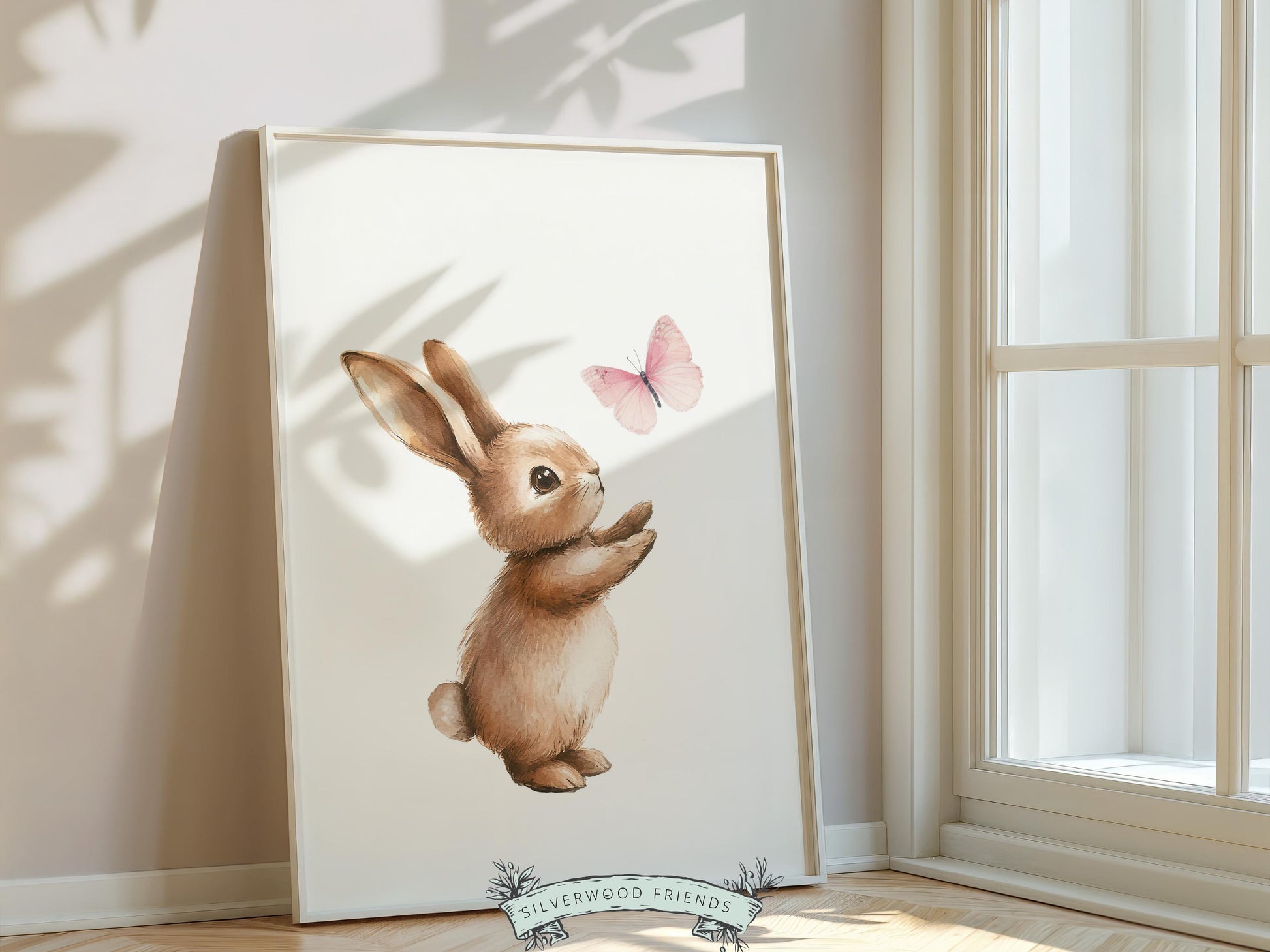 Bunny Nursery Print, Baby Girls Pink Woodland Animal Art (Digital Download)
