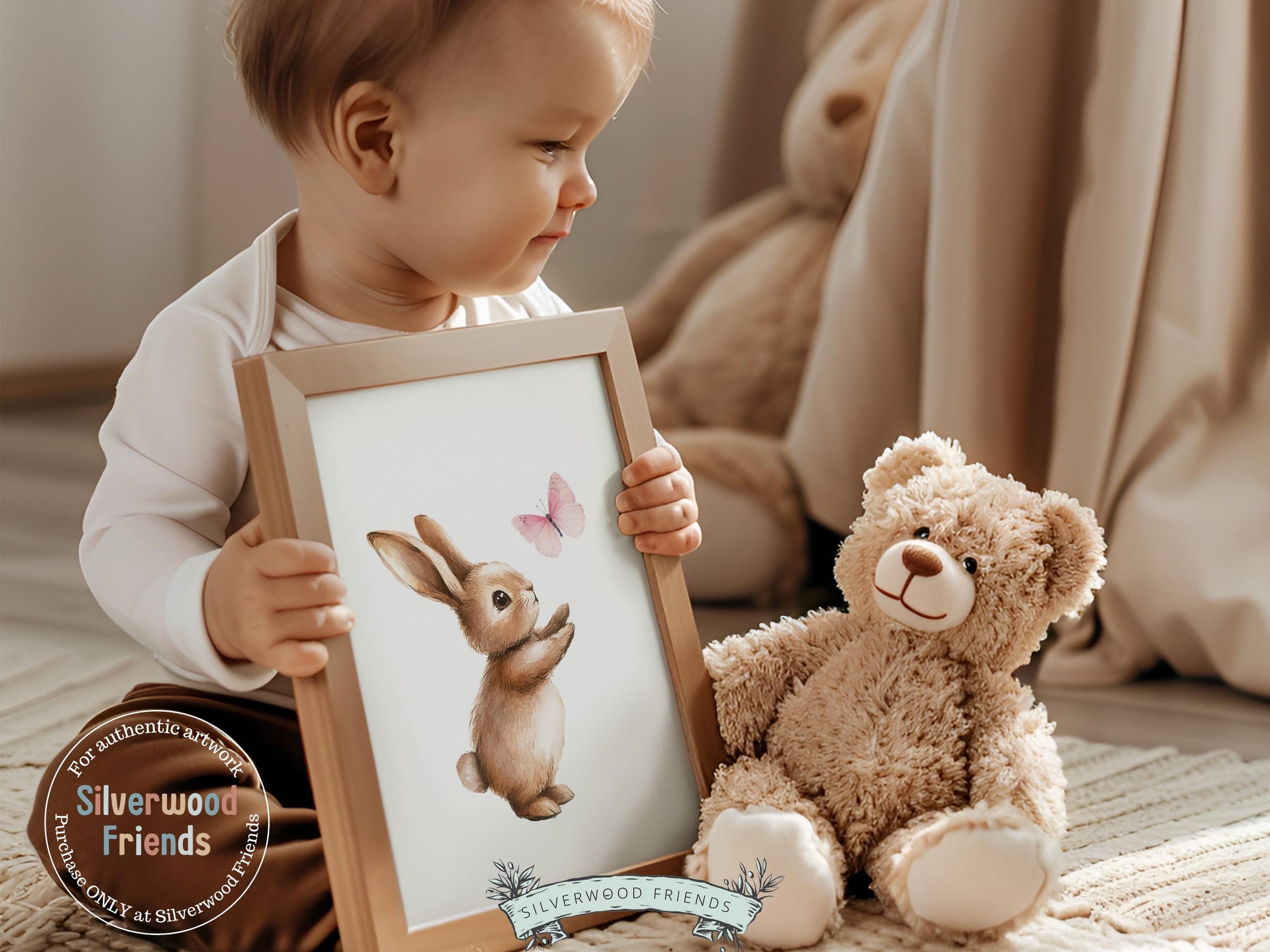 Bunny Nursery Print, Baby Girls Pink Woodland Animal Art (Digital Download)