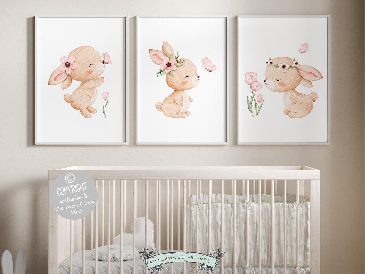 Baby Girls Bunny Nursery Prints, Baby Girl Woodland Bunny Butterfly Nursery Decor, Spring Nursery Wall Art,Easter Decor Poster Digital Print
