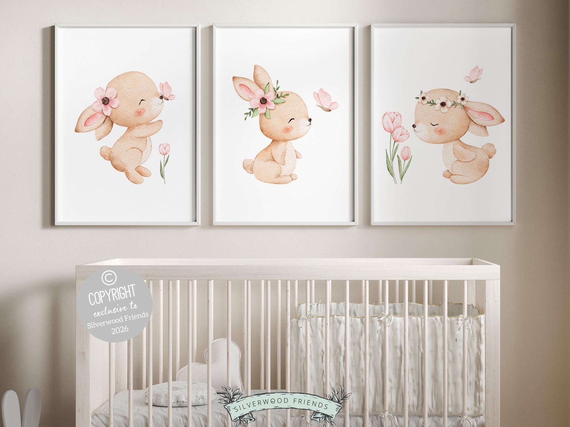 Baby Girls Bunny Nursery Prints, Baby Girl Woodland Bunny Butterfly Nursery Decor, Spring Nursery Wall Art,Easter Decor Poster Digital Print