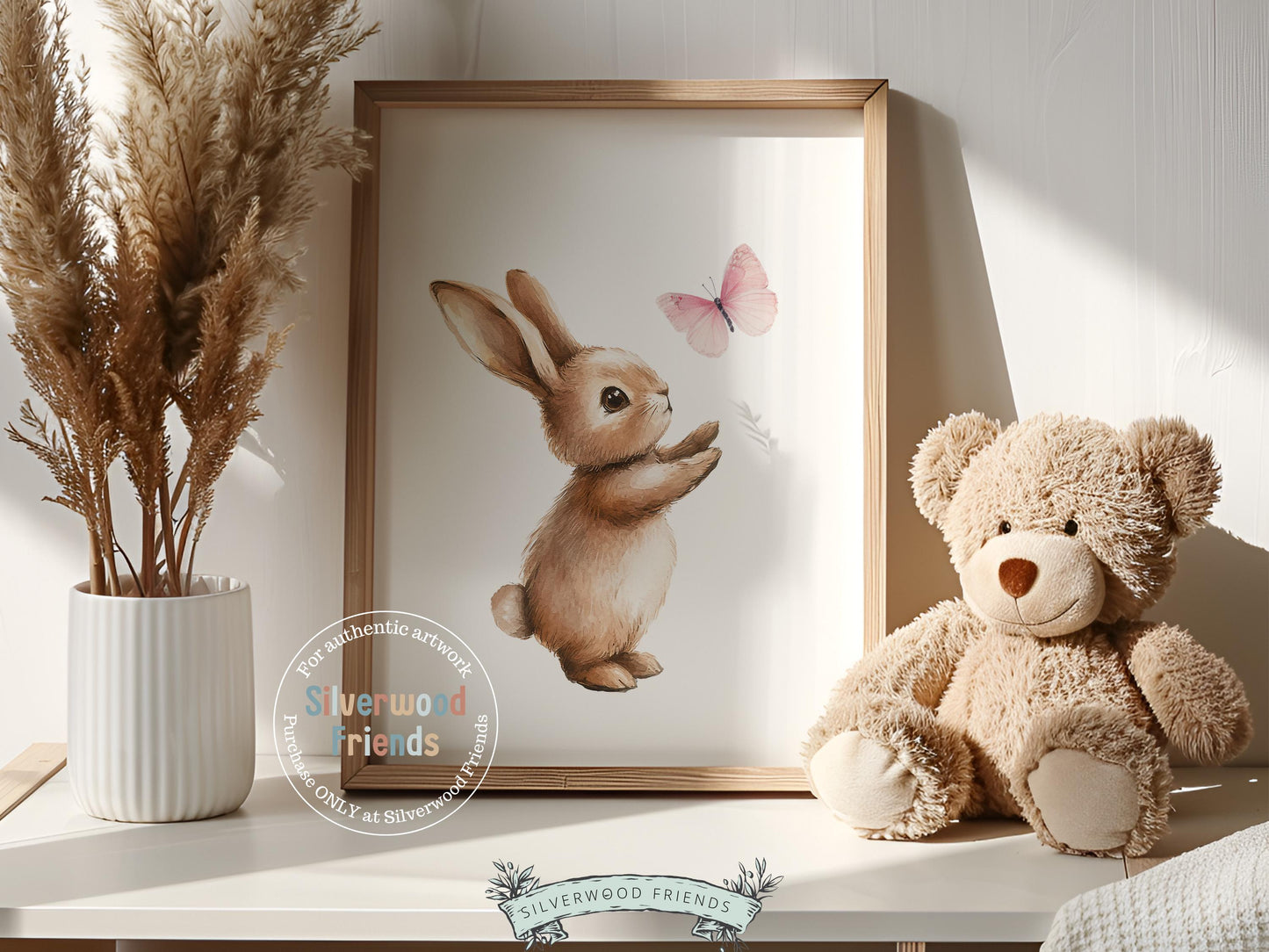 Bunny Nursery Print, Baby Girls Pink Woodland Animal Art (Digital Download)