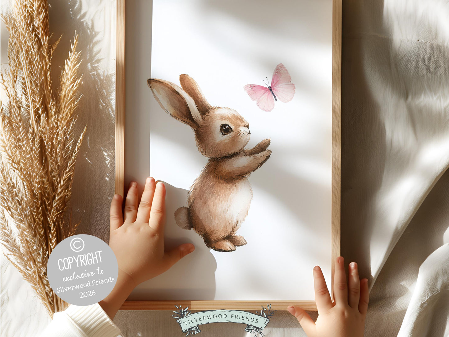 Bunny Nursery Print, Baby Girls Pink Woodland Animal Art (Digital Download)