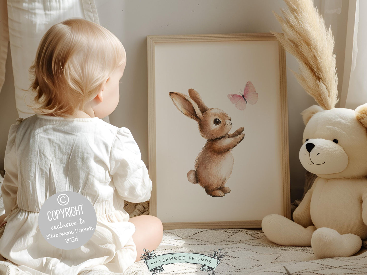 Bunny Nursery Print, Baby Girls Pink Woodland Animal Art (Digital Download)