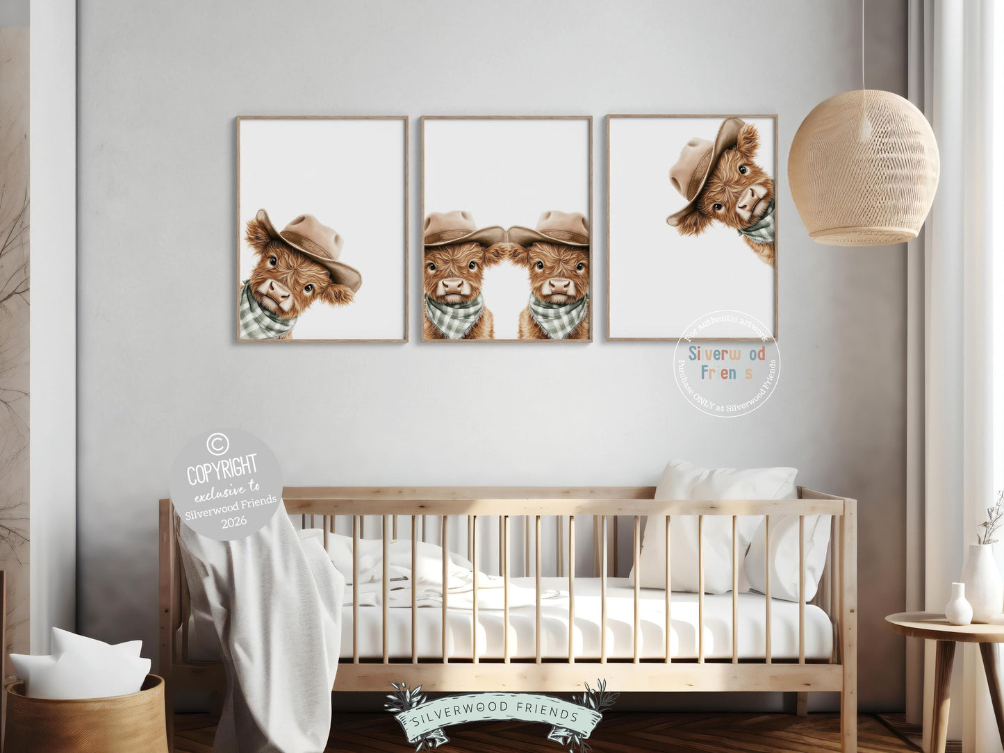 Peeking Baby Highland Cow Nursery Prints, Sage Green Highland Cow Twin Nursery Decor, Cowboy Western Nursery Wall Art Digital Print Gift