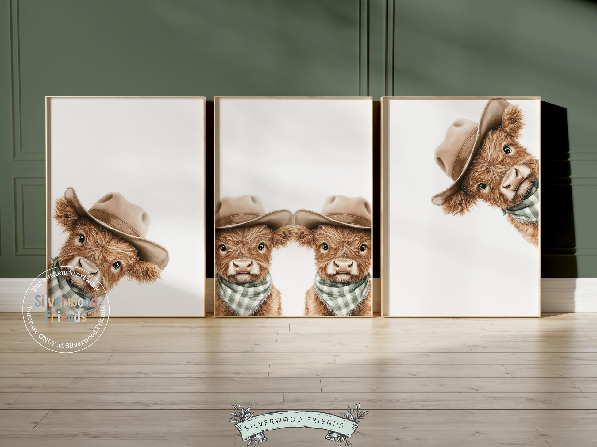 Peeking Baby Highland Cow Nursery Prints, Sage Green Highland Cow Twin Nursery Decor, Cowboy Western Nursery Wall Art Digital Print Gift