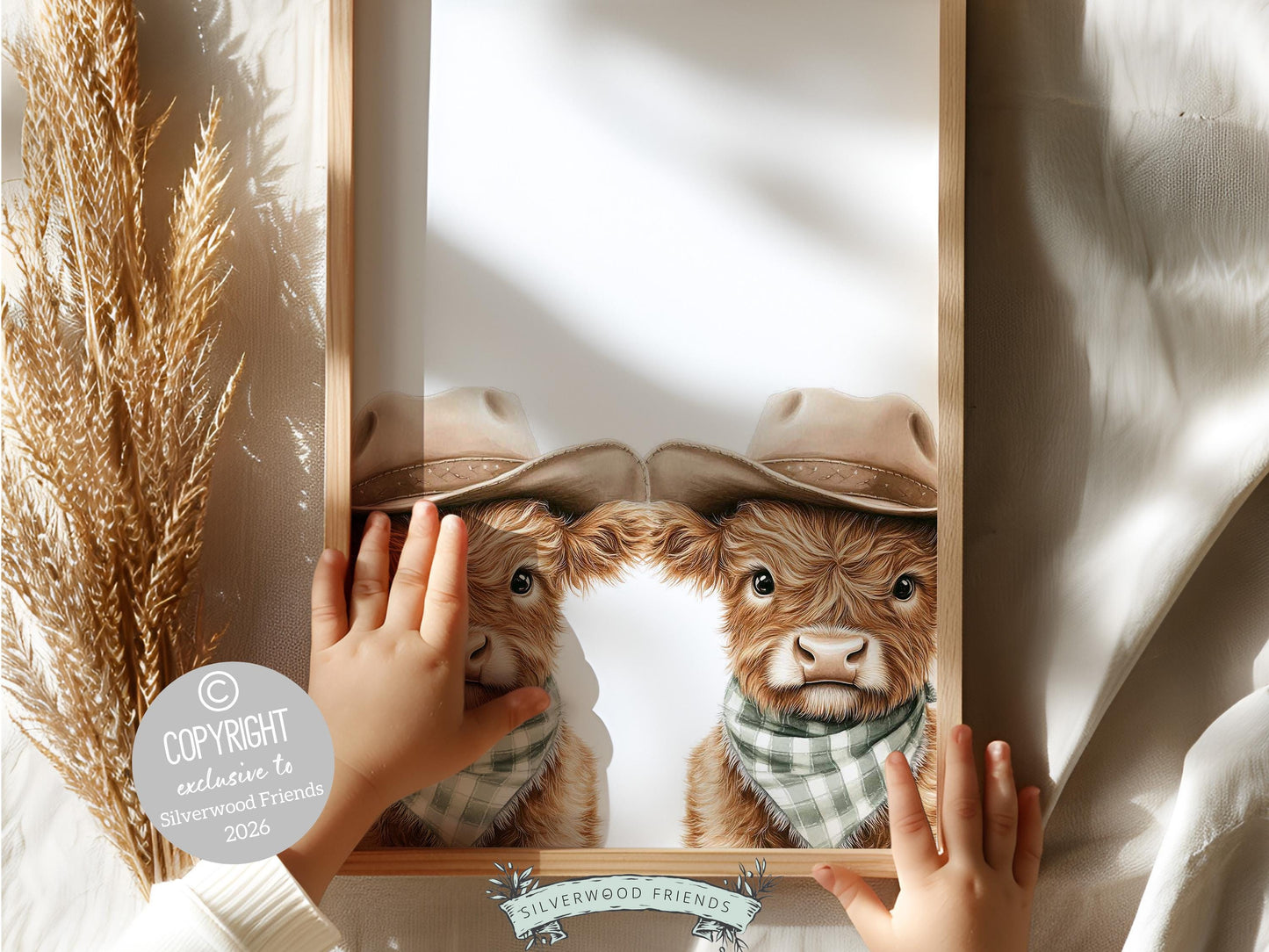 Peeking Baby Highland Cow Nursery Prints, Sage Green Highland Cow Twin Nursery Decor, Cowboy Western Nursery Wall Art Digital Print Gift